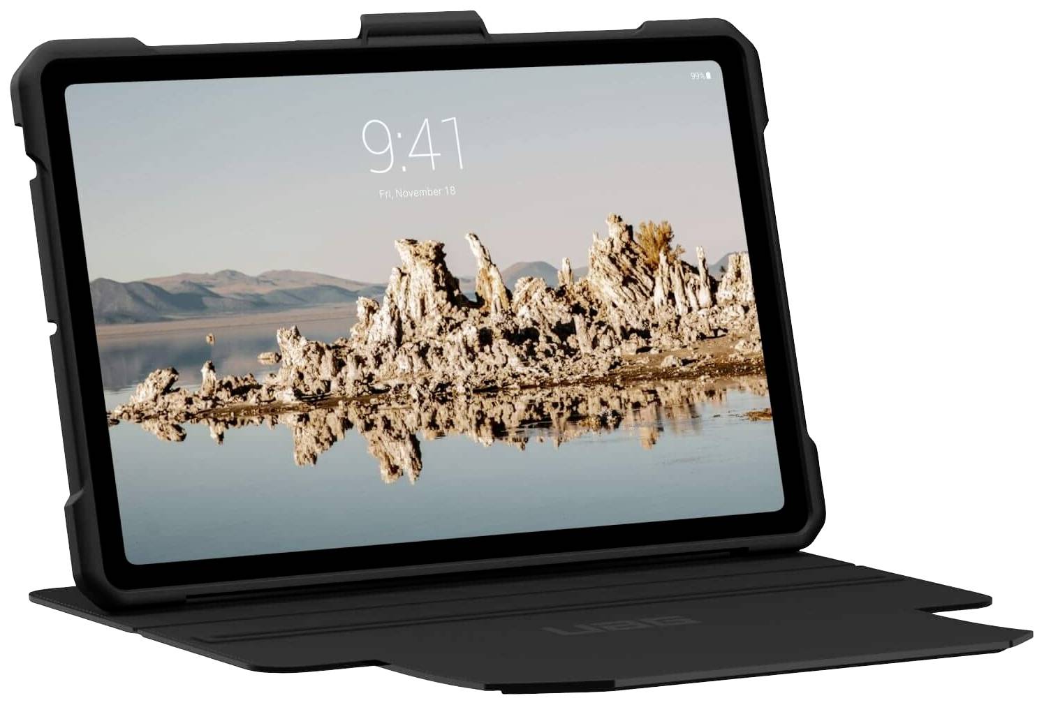 Schwarzes Tablet in einer Hülle zeigt einen See mit Felsformationen vor einer Bergkulisse. Uhrzeit ist 9:41 und Datum ist 18. November.