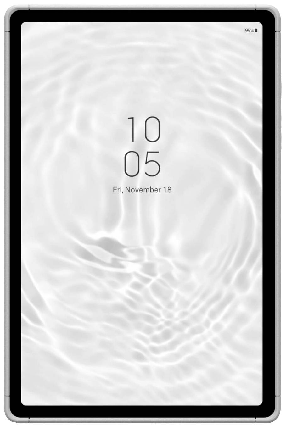 Tablet mit Wellenhintergrundbild zeigt Uhrzeit '10:05' und Datum 'Freitag, 18. November'. Akkuanzeige bei 99%.