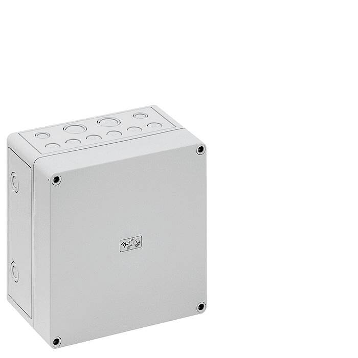 Elektrischer Anschlusskasten mit mehreren runden Öffnungen zur Kabelzufuhr, quadratische Form, graue Farbe.