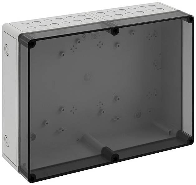 Transparente, leere Kunststoffbox mit mehreren Kabeldurchführungen, geeignet für elektrische Installationen.