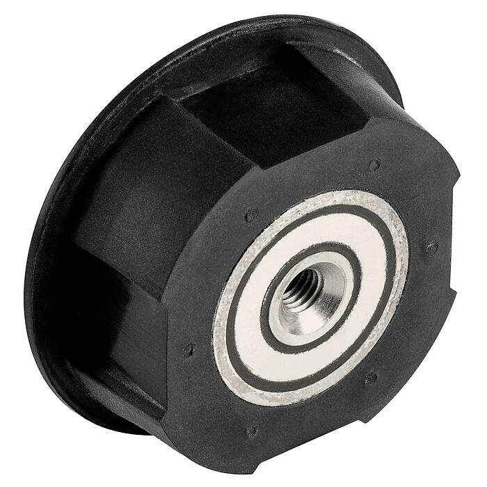 Rundes, schwarzes Maschinenteil mit einem silberfarbenen, zentrischen Gewindeloch, möglicherweise ein Dämpfungselement.