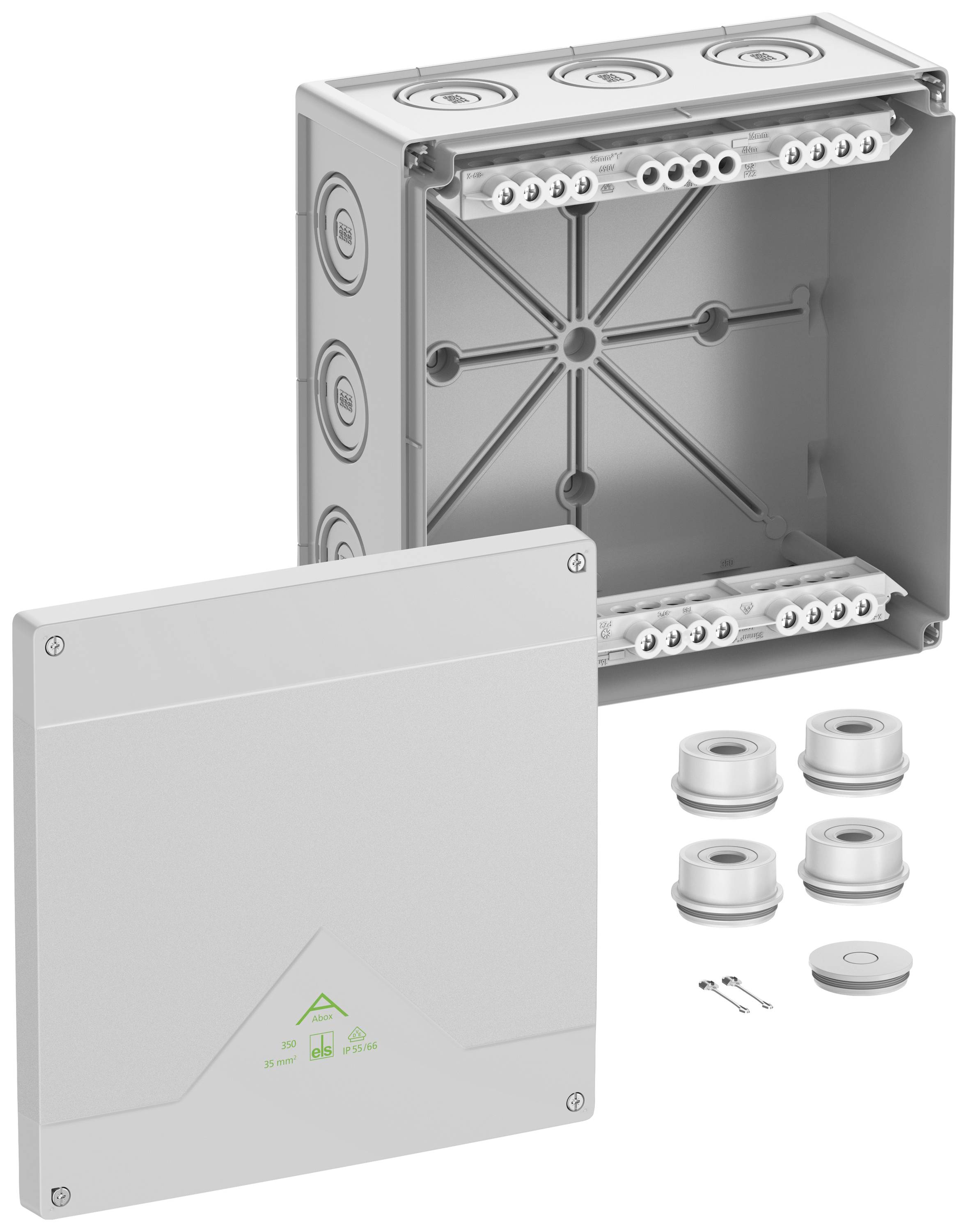 Elektrischer Verteilerkasten, geöffnet und geschlossen abgebildet, mit mehreren Kabelverschraubungen und Befestigungszubehör.