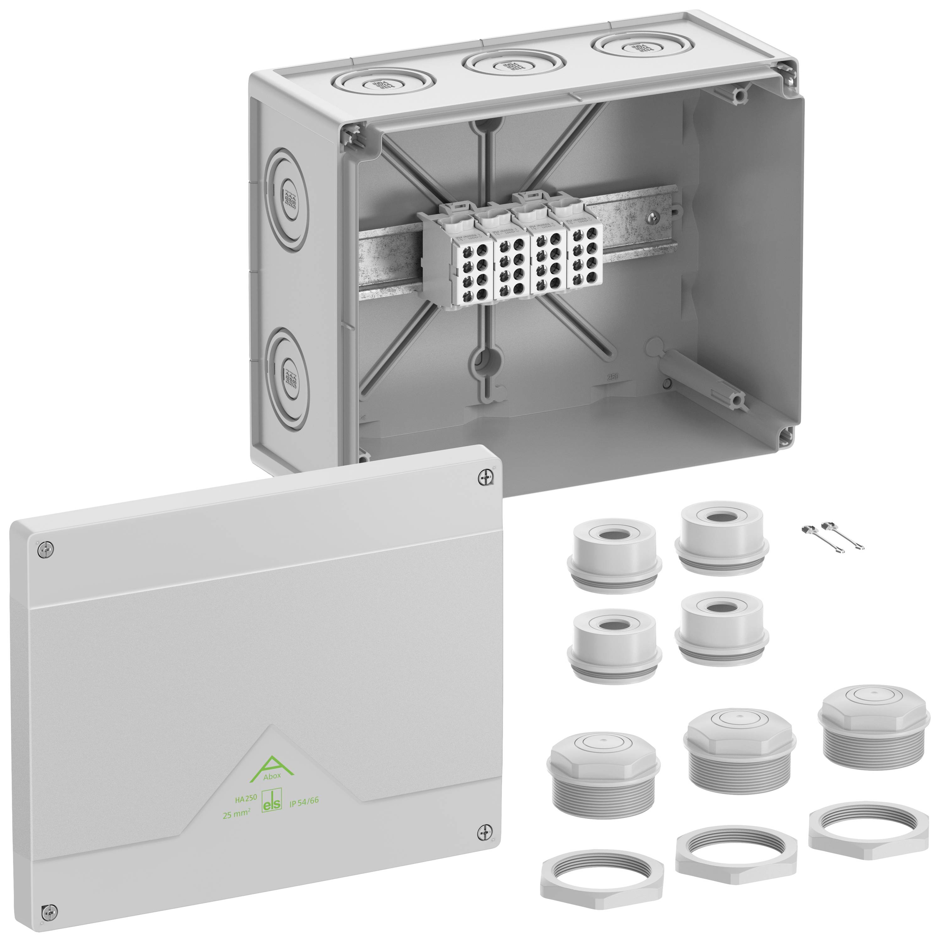Eine graue Verbindungsdose mit abnehmbarem Deckel, mehreren Kabelverschraubungen und Schrauben. Ideal für Elektroinstallationen.