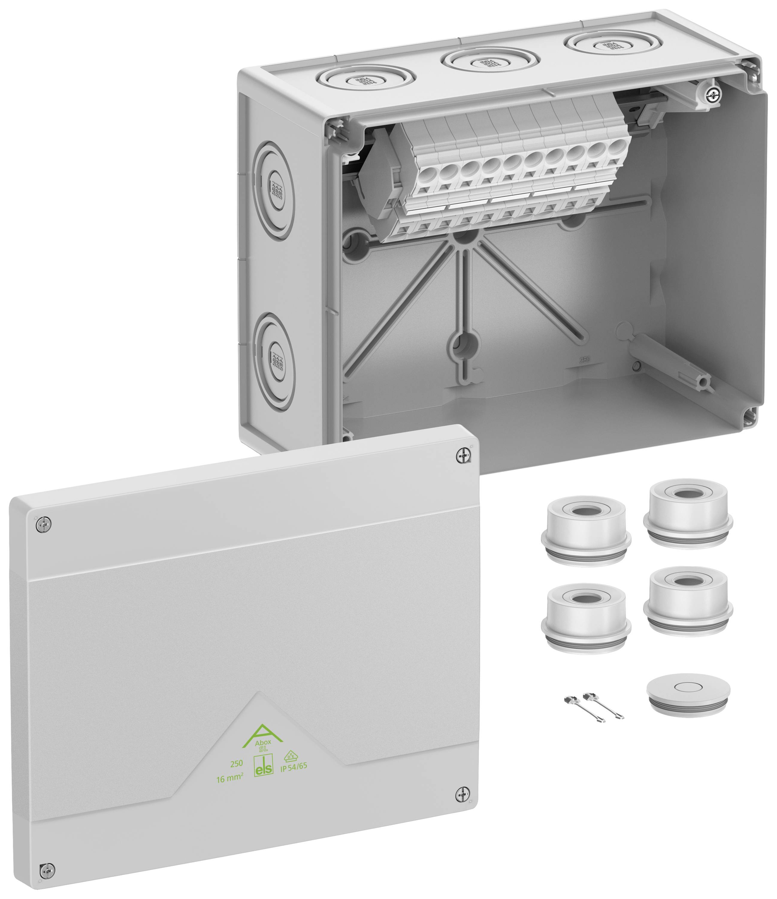 Grau-transparentes Elektrokabelgehäuse mit geöffnetem Deckel und Kabelverschraubungen, geeignet zum Schutz elektrischer Anschlüsse.