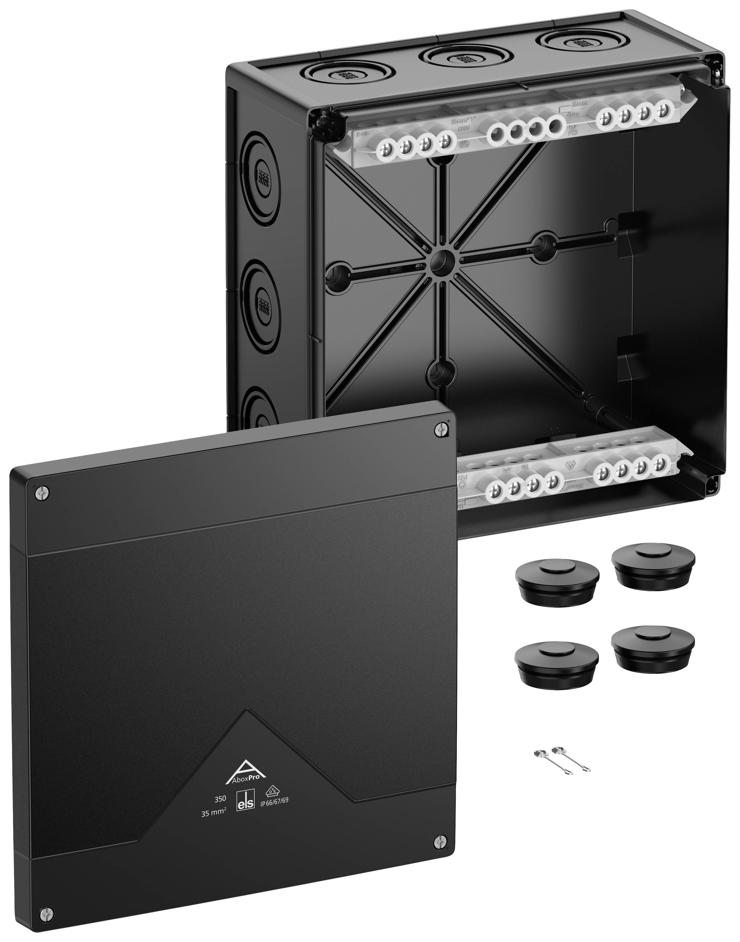 Schwarze, quadratische Kunststoffanschlussdose mit abnehmbarem Deckel, Kabeldurchführungen und Montagematerial. Ideal für Elektroinstallationen.