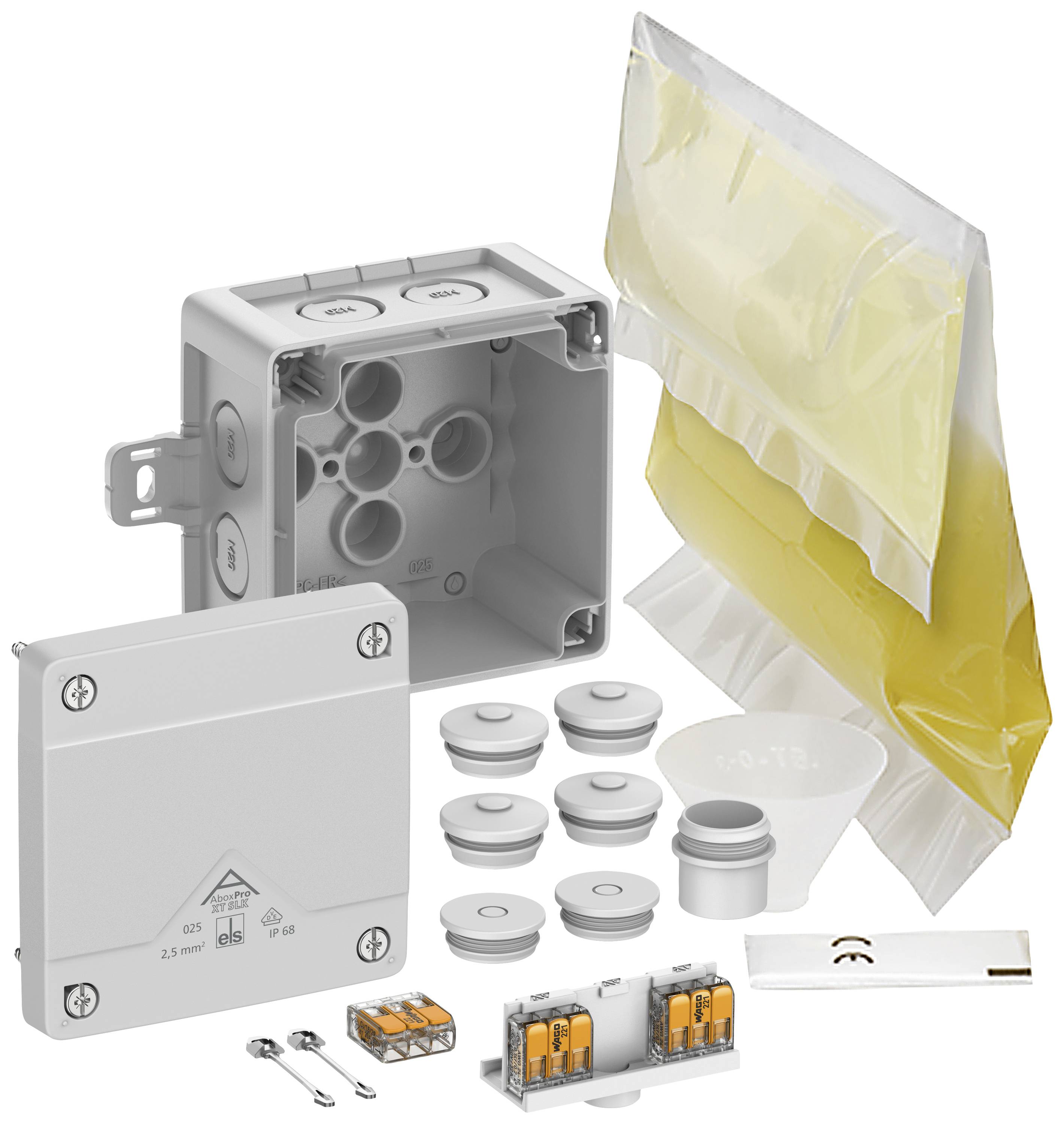 Teile eines wasserdichten Elektro-Verbindungskastens: graue Box, Deckel, Dichtungen, Kabelklemmen, Gelpackung zum Abdichten.