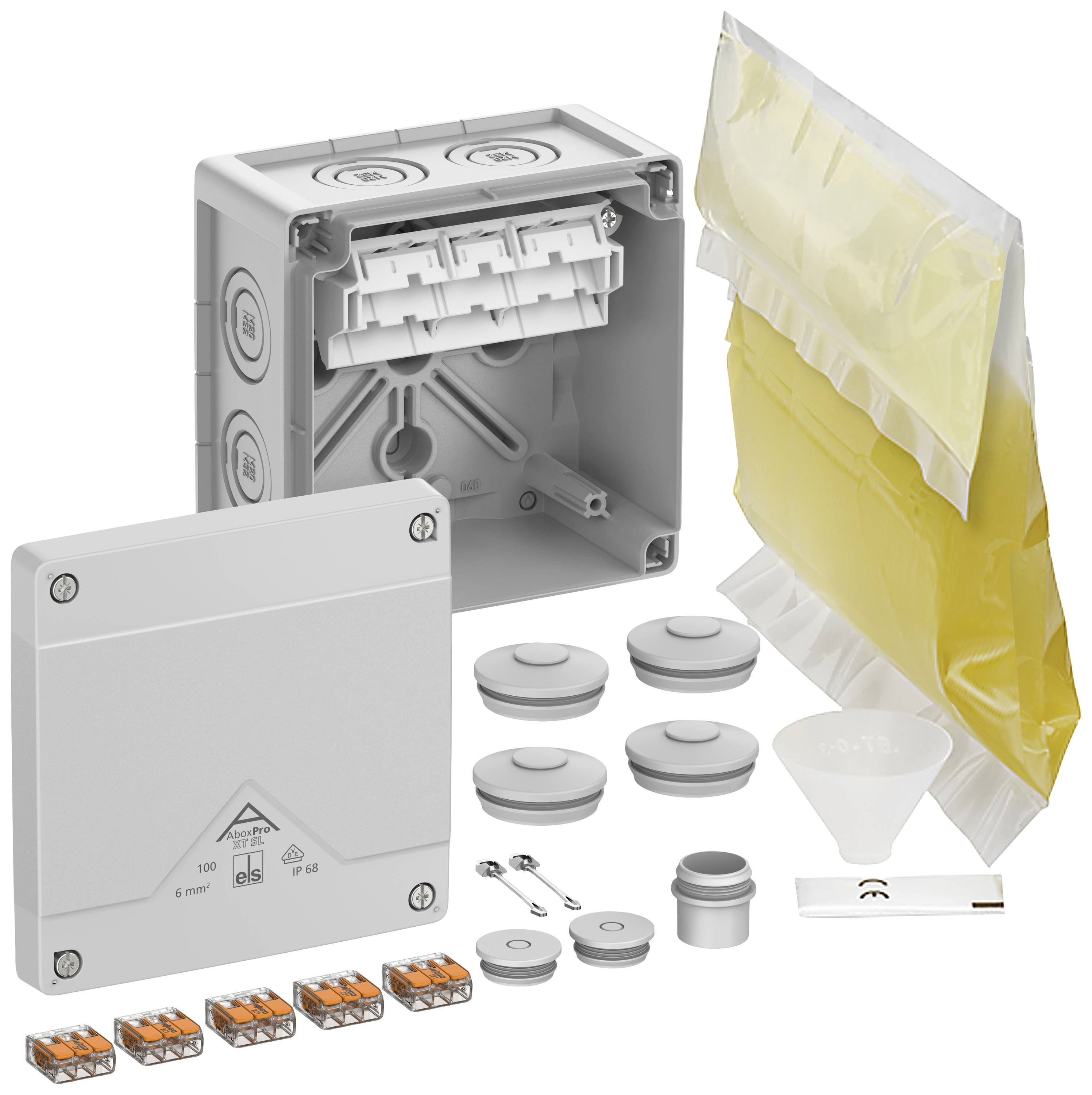 Elektronisches Kit mit Gehäuse, verschiedenen Anschlüssen, Kabelklemmen und einer versiegelten Flüssigkeitstüte zur Isolierung.