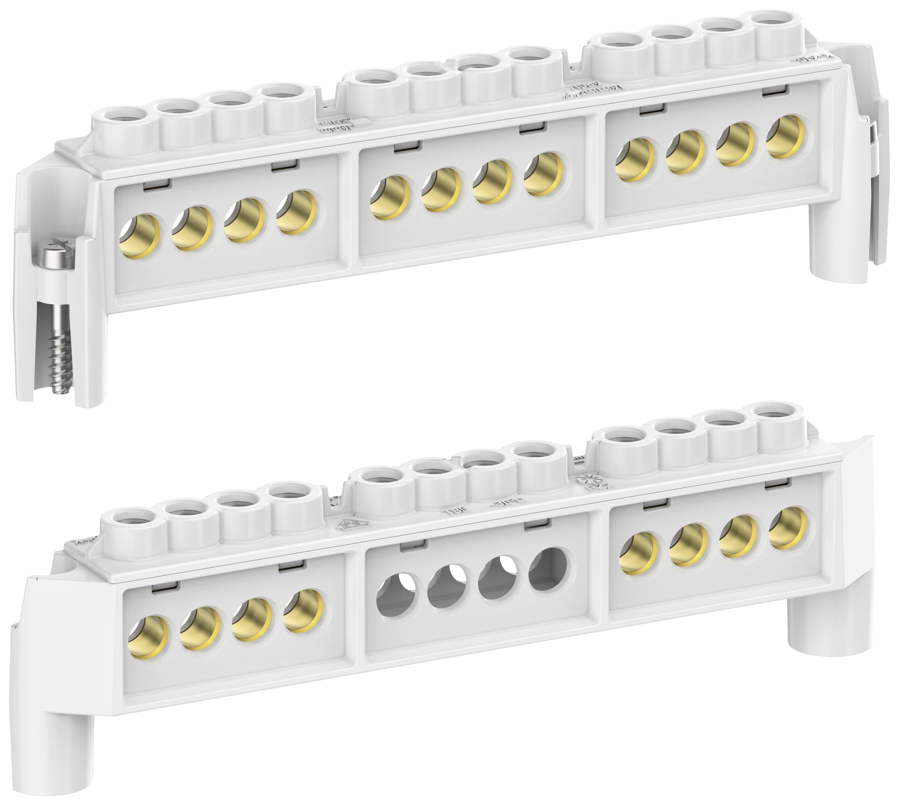 Zwei weiße, rechteckige Anschlussklemmen mit mehreren vergoldeten Kontakten, die übereinander angeordnet sind; verwendet für elektrische Verbindungen.