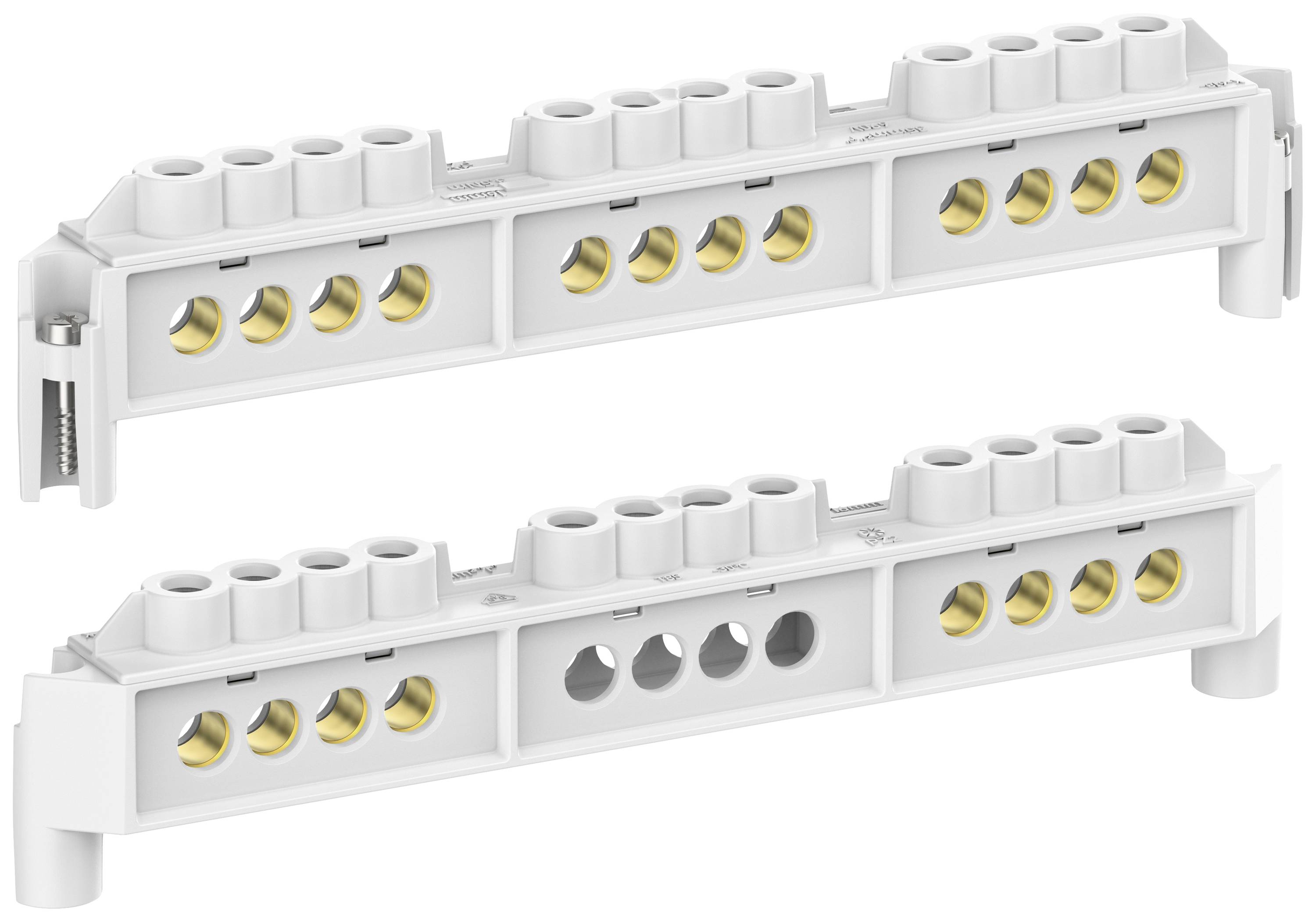 Zwei weiße elektrische Steckverbindungen mit mehreren goldenen Kontakten. Oberes Teil hat eine seitliche Halterung, unteres hat zentral drei Öffnungen.