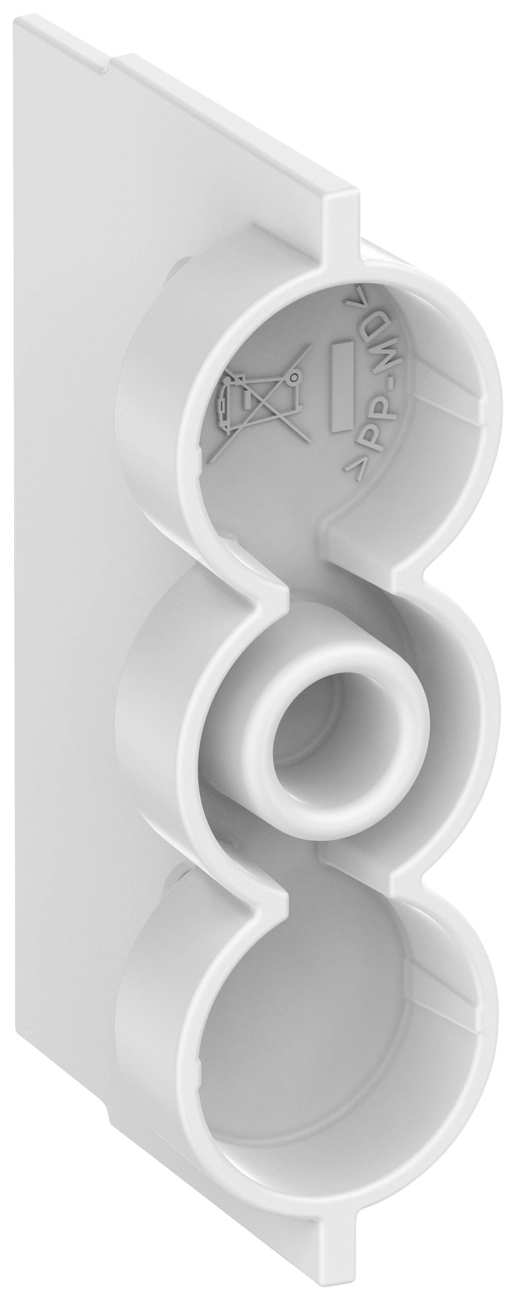 Ein weißes, vertikales Rohrstück aus Kunststoff mit Öffnungen in verschiedenen Größen, vermutlich Teil einer modularen Konstruktion.