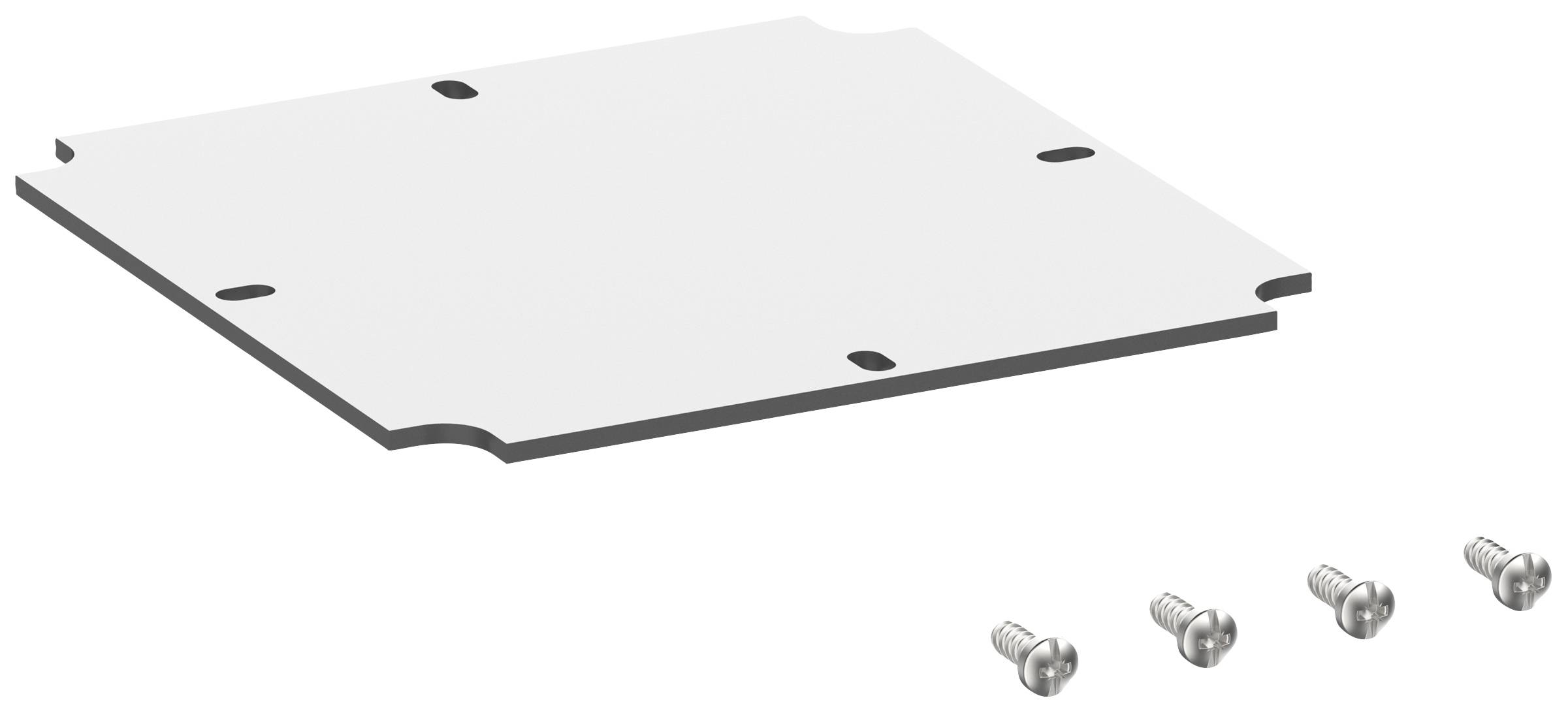 Eine rechteckige Metallplatte mit abgerundeten Ecken und vier Schrauben daneben.