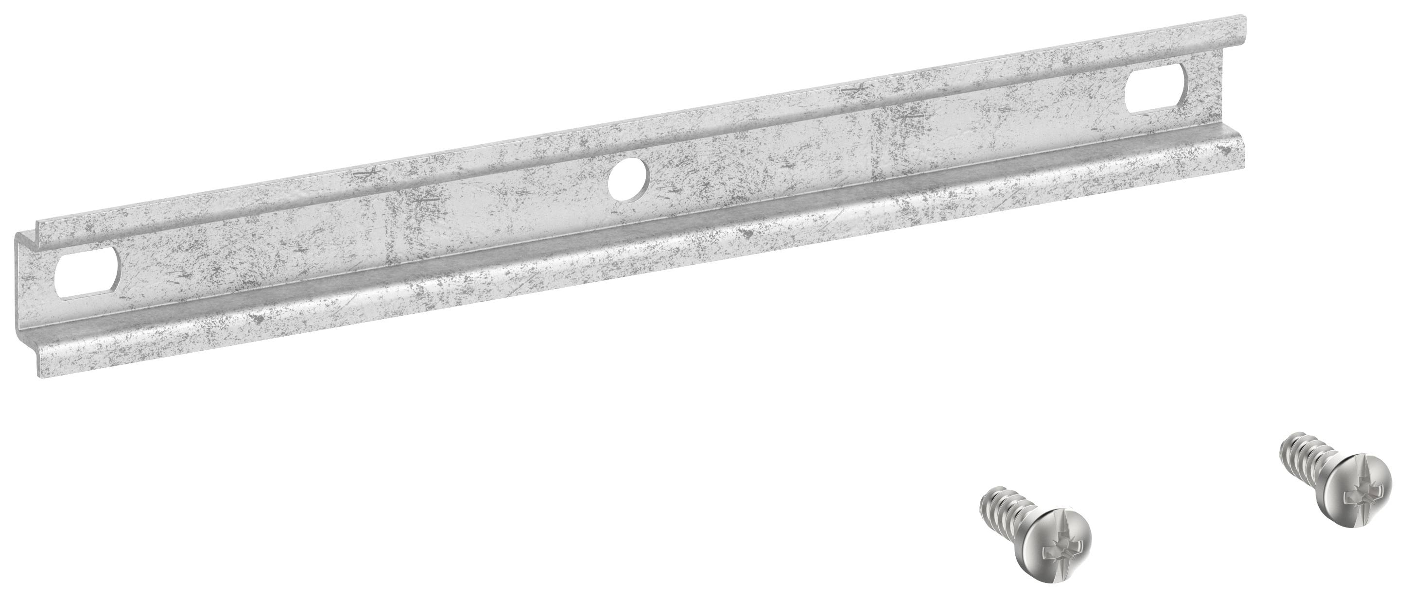 Metallschiene mit ovalen und runden Löchern, daneben zwei Schrauben. Für Befestigungs- oder Montagezwecke.