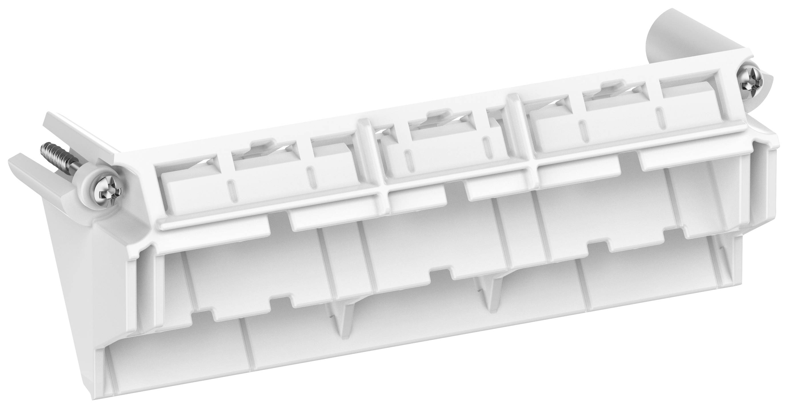 Ein weißer Kunststoff-Ersatzteilrahmen, möglicherweise für ein Haushaltsgerät, mit mehreren Schlitzen und zwei Schrauben zur Befestigung.