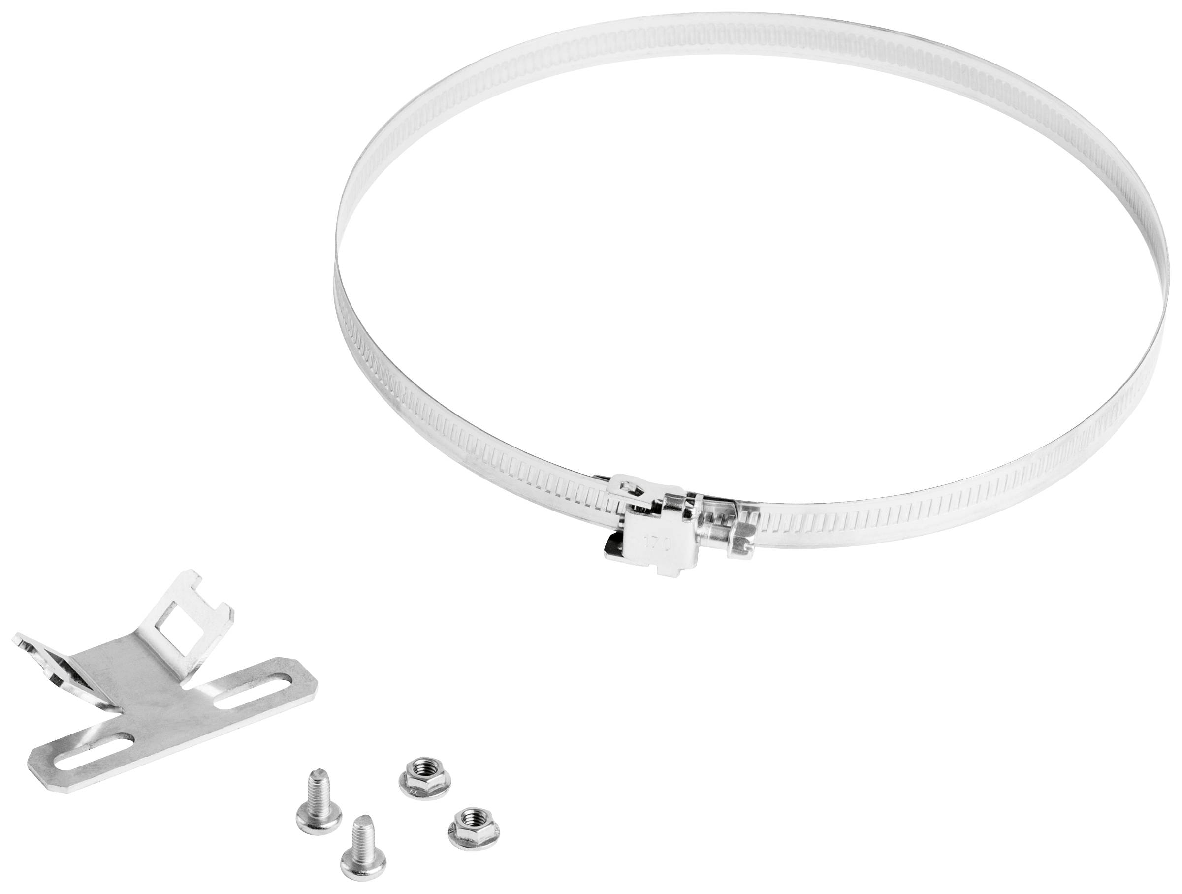 Metall-Rohrschelle mit Schrauben und Zubehör. Verwendet zur Befestigung von Rohren an Wänden oder anderen Strukturen.