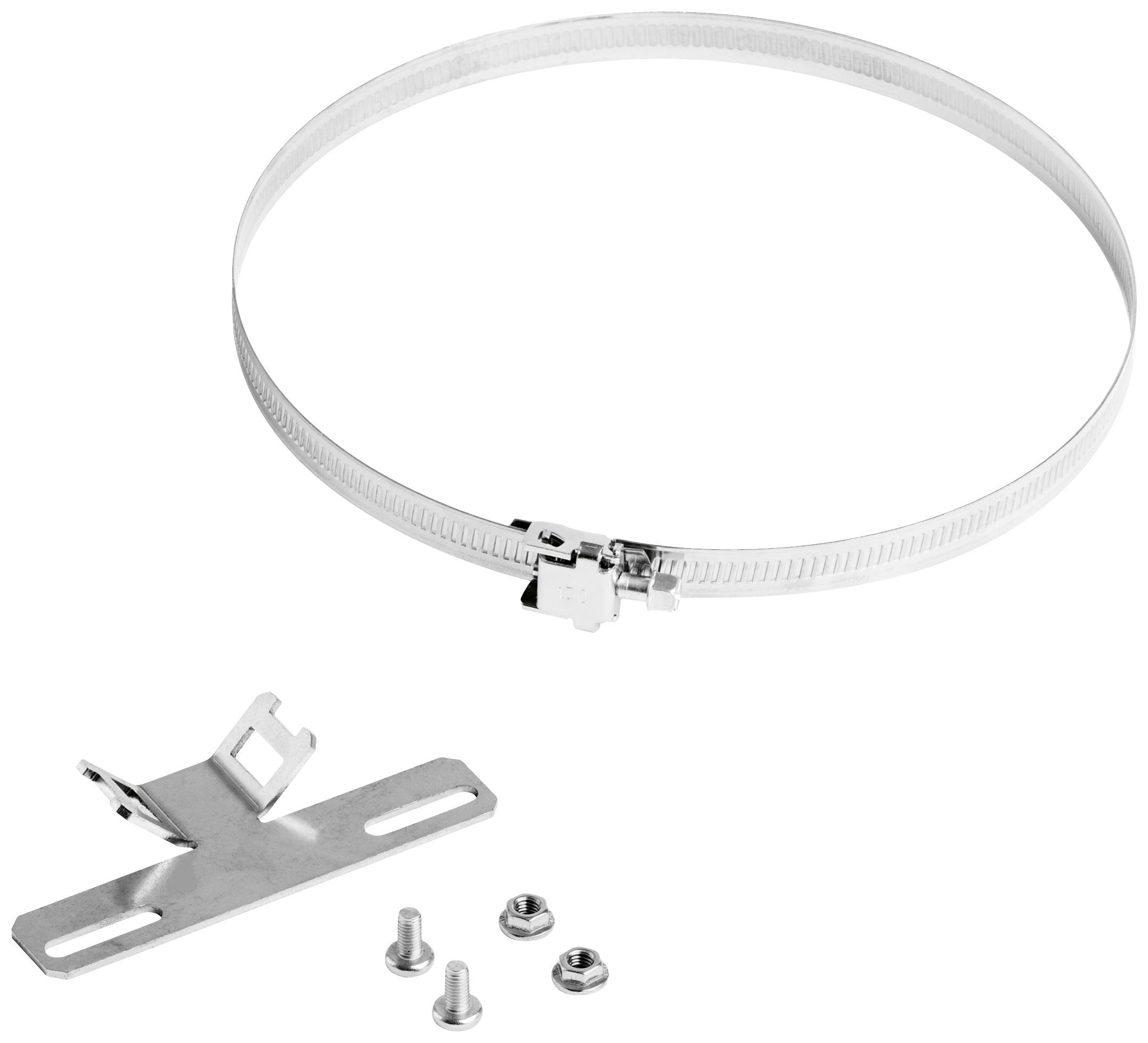 Metallischer Rohrschellenhalter mit Schrauben und Muttern zum Befestigen von Rohren.