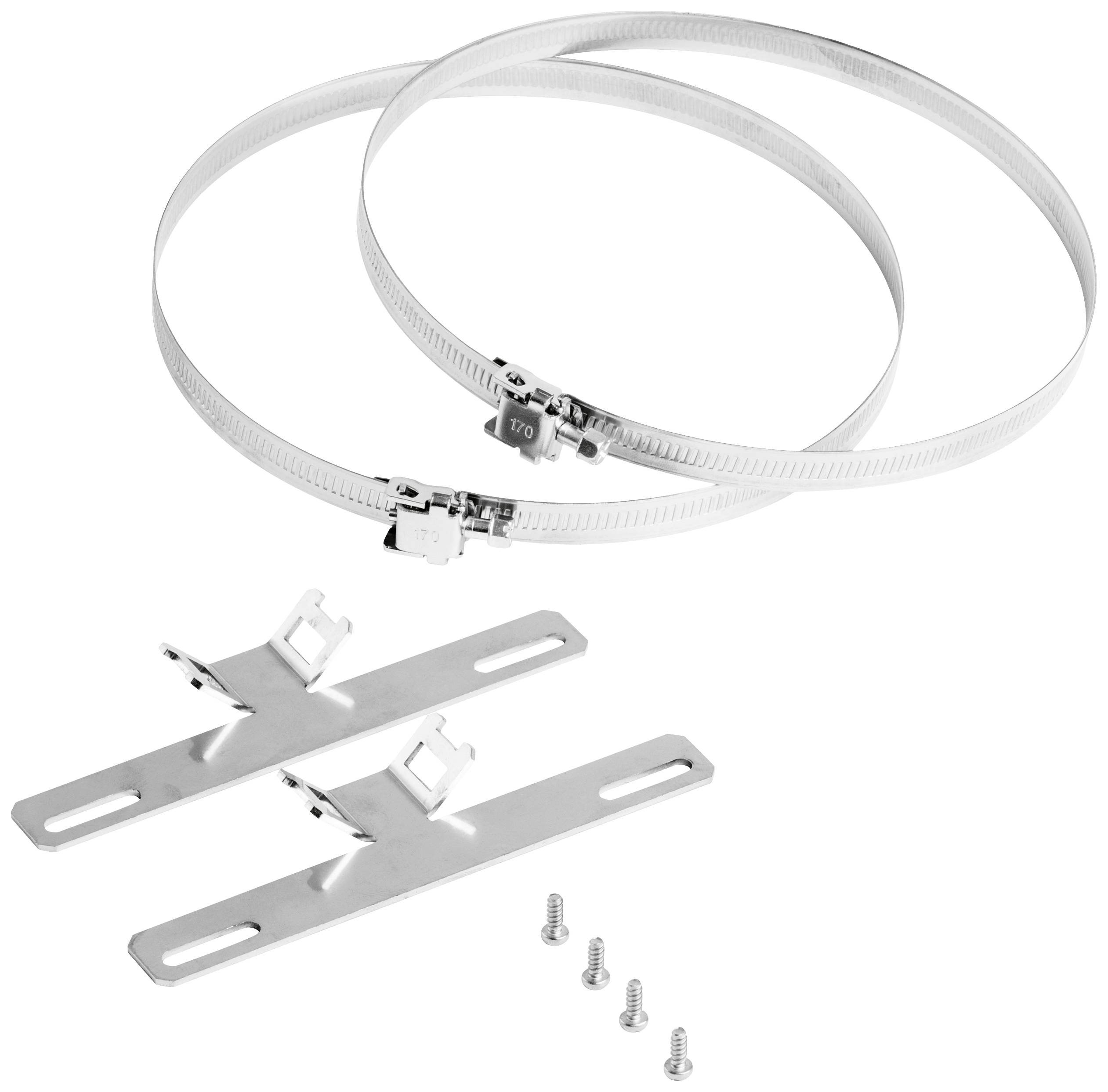 Zwei Metallschellen, zwei Halterungen und vier Schrauben zur Befestigung, auf weißem Hintergrund.