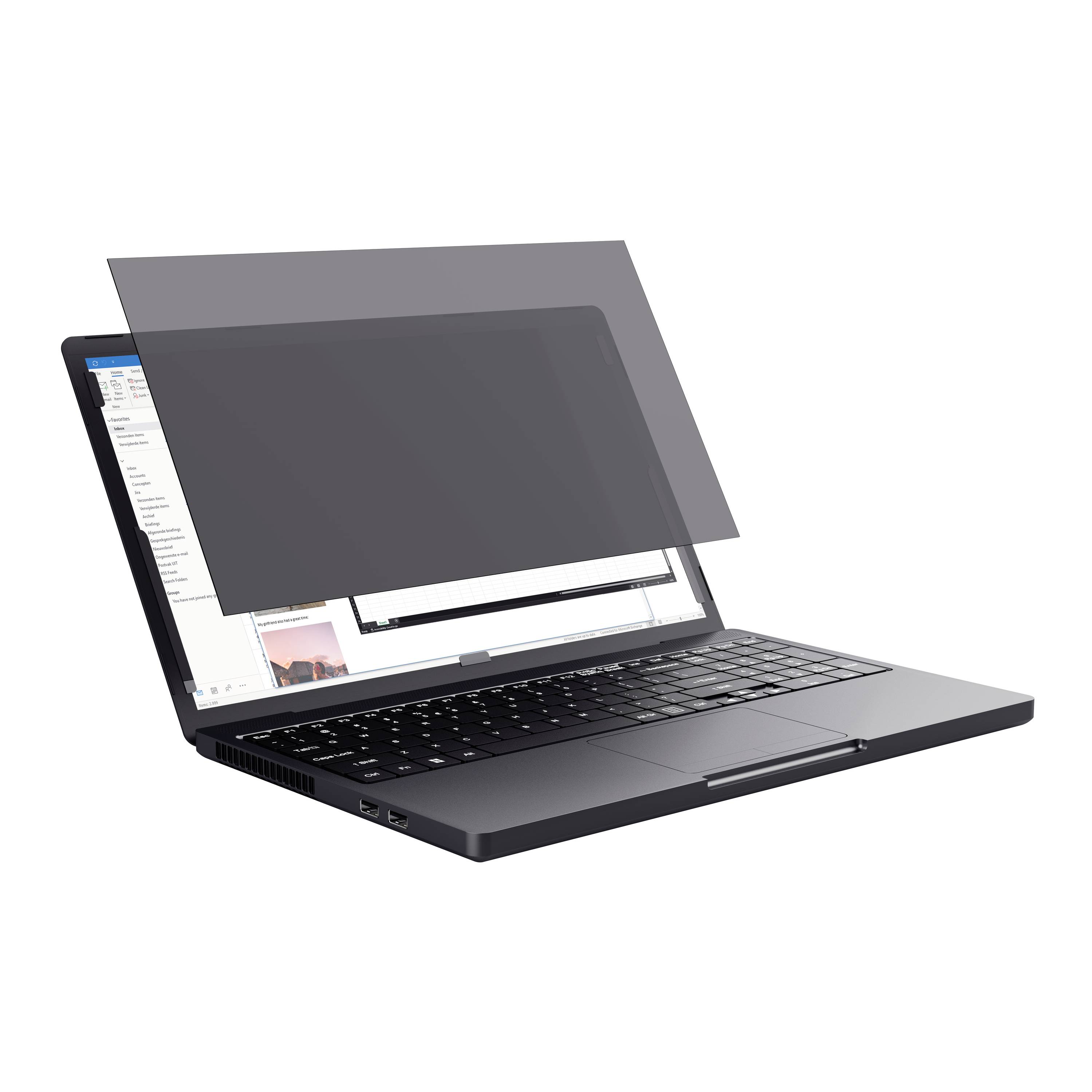 Ein geöffneter Laptop mit einer Blickschutzfolie, die das Display vor seitlichen Blicken schützt.