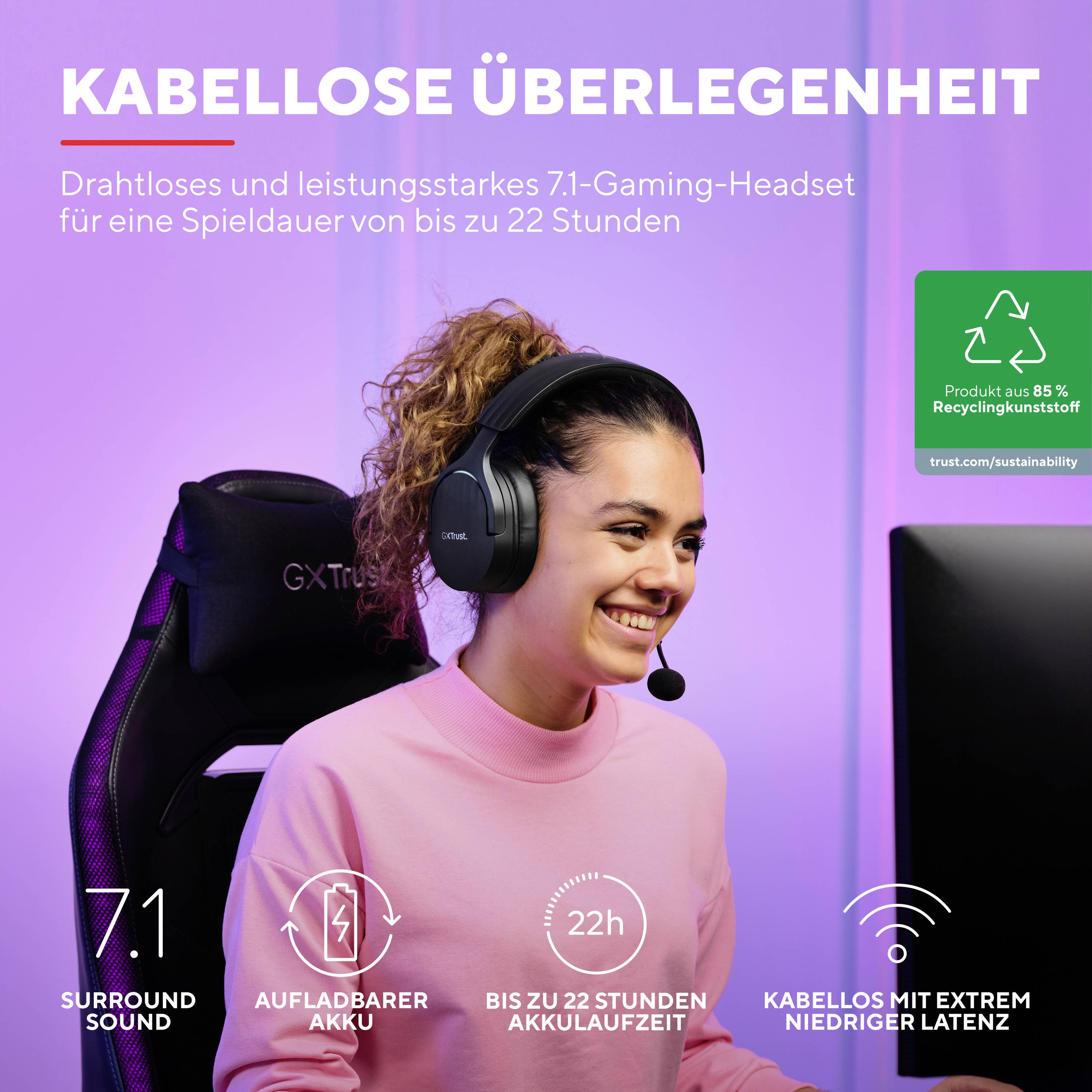 Frau mit kabellosem Headset, lächelnd. Text: 'Kabellose Überlegenheit'. Funktionen: Surround Sound, 22 Stunden Akkulaufzeit.