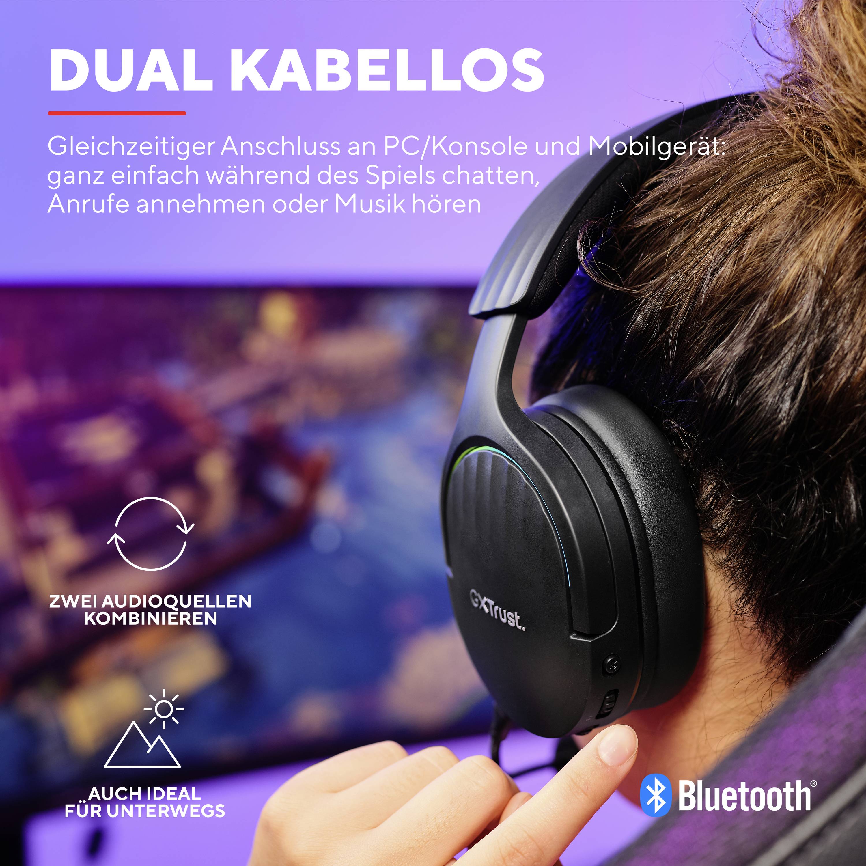 'Kopfhörer' mit 'multifunktionalem' Knopf für PC und Mobilgeräte. Bluetooth-Funktion für Musik und Anrufe, ideal für unterwegs.