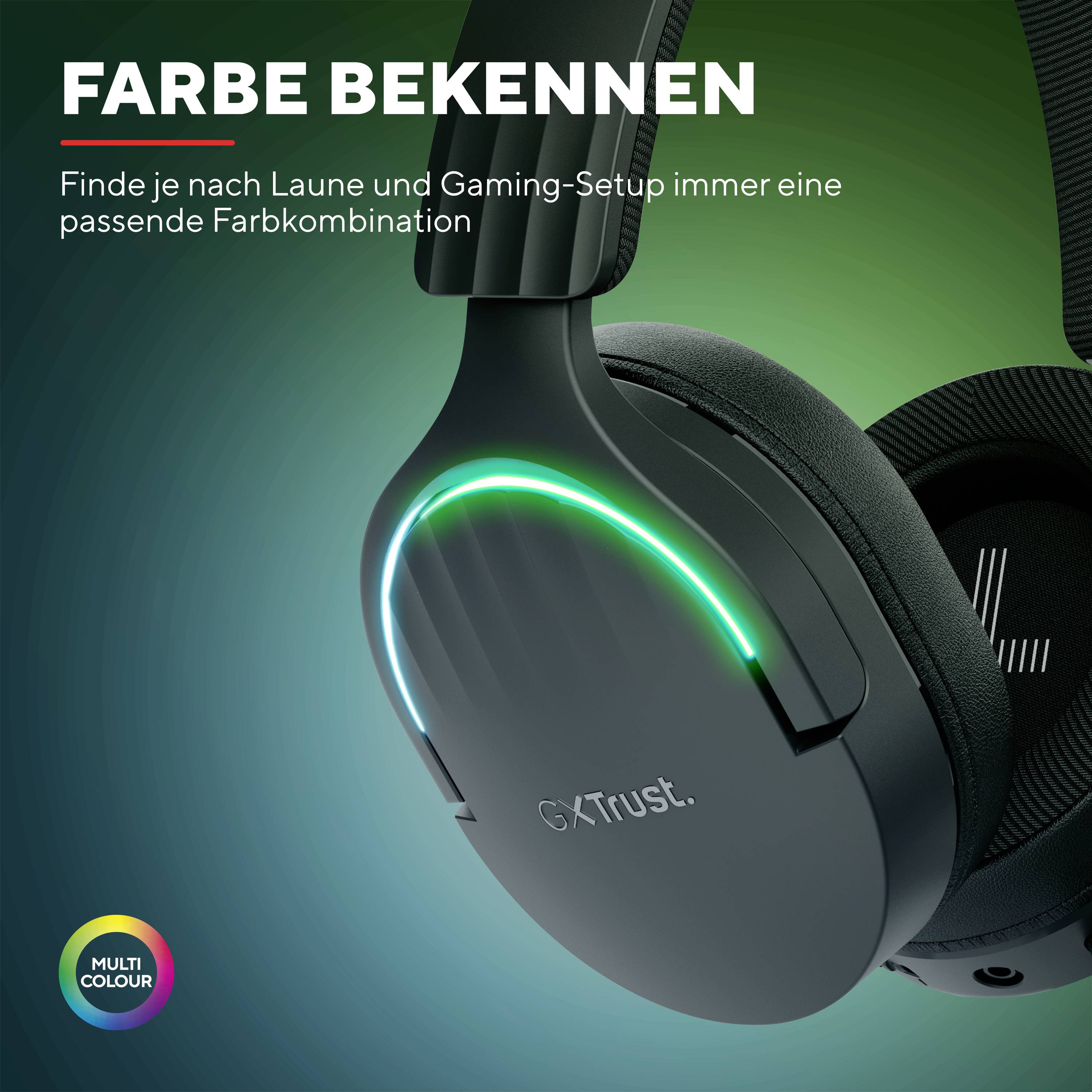 'Farbe bekennen' zeigt ein Paar Gaming-Kopfhörer mit farbiger LED-Beleuchtung, passend für verschiedene Gaming-Setups.