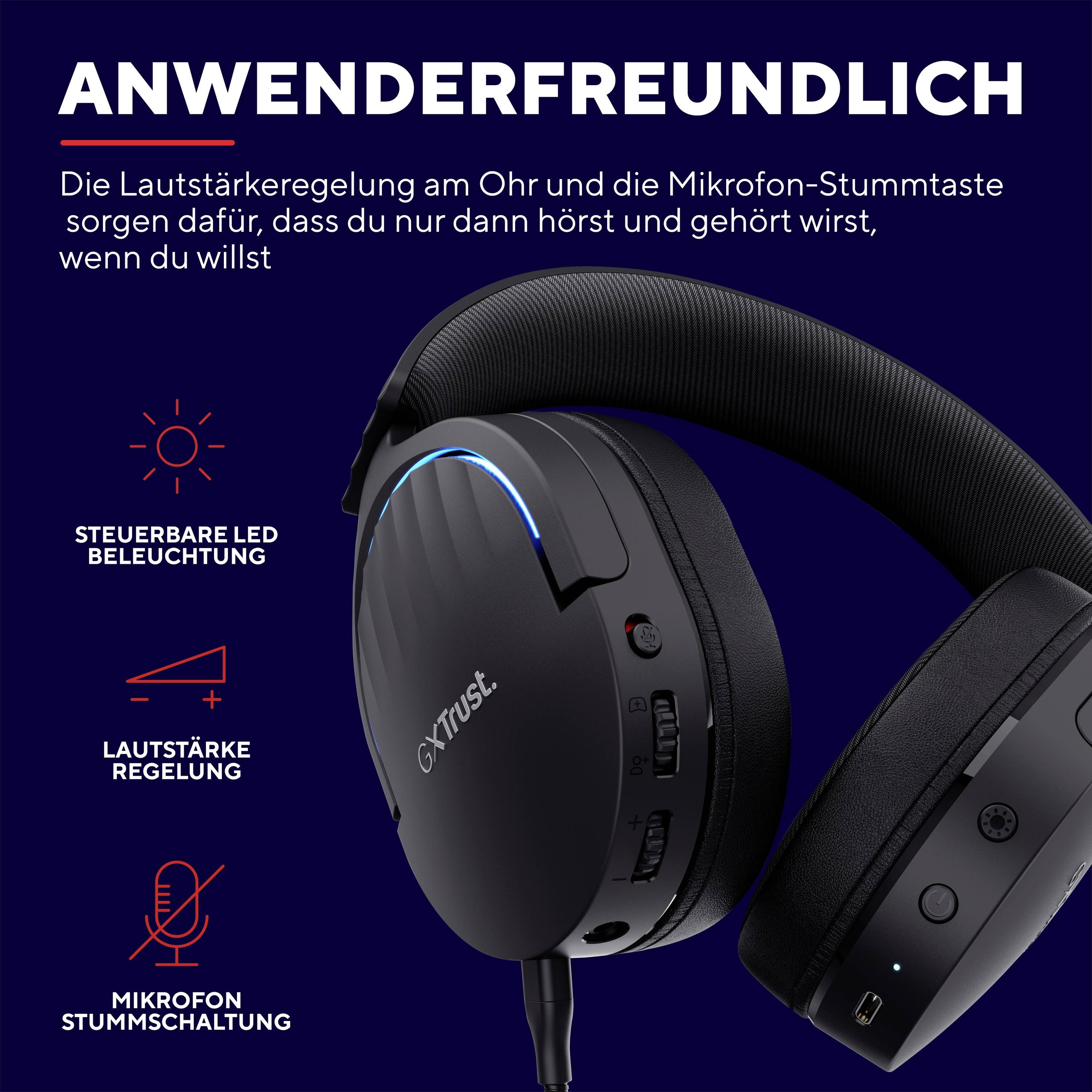 Kopfhörer mit Steuerbarkeit für Lautstärke, LED-Beleuchtung, Mikrofon-Stummtaste unter dem Titel 'Anwenderfreundlich'.