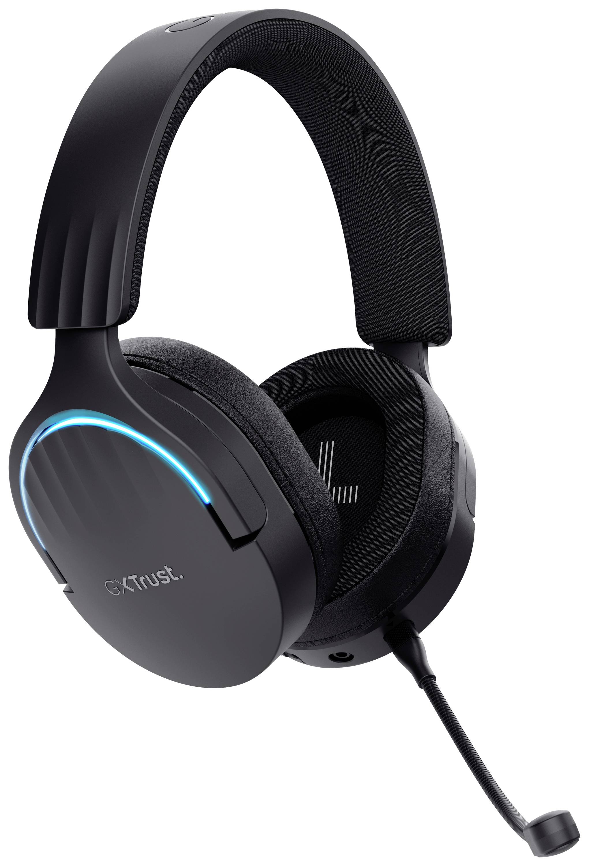 Schwarzes Over-Ear-Gaming-Headset mit beleuchteter blauer Linie an der Seite und flexiblem Mikrofonarm, Marke 'Trust'.