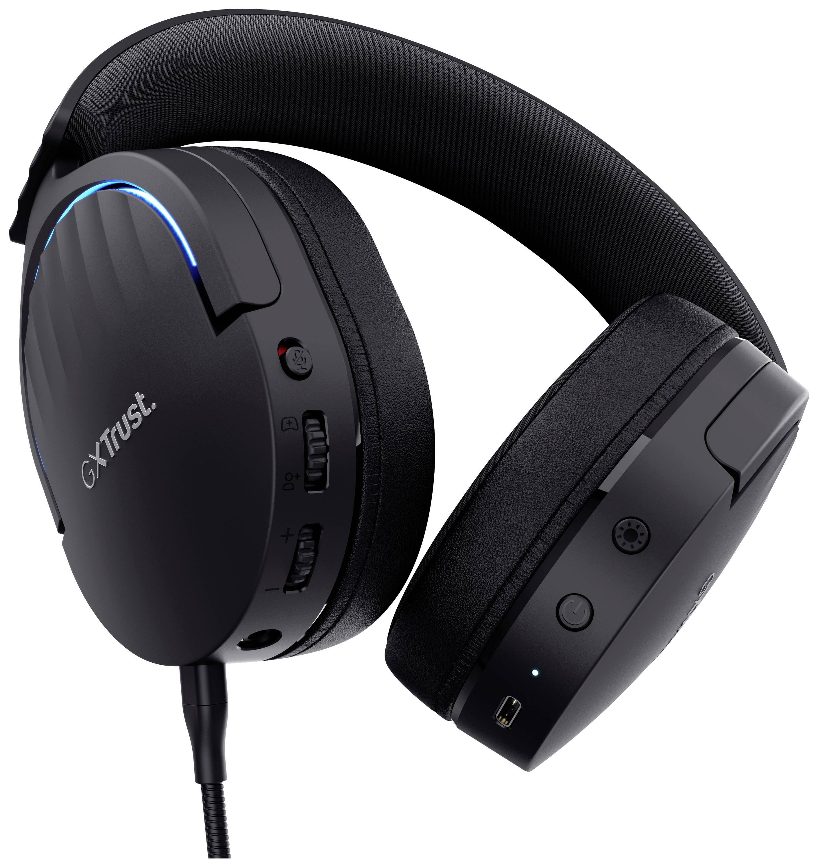 Ein schwarzes Gaming-Headset mit blauen Akzenten, mehreren Tasten und einem USB-Anschluss an der Seite für Steuerung und Anschluss.
