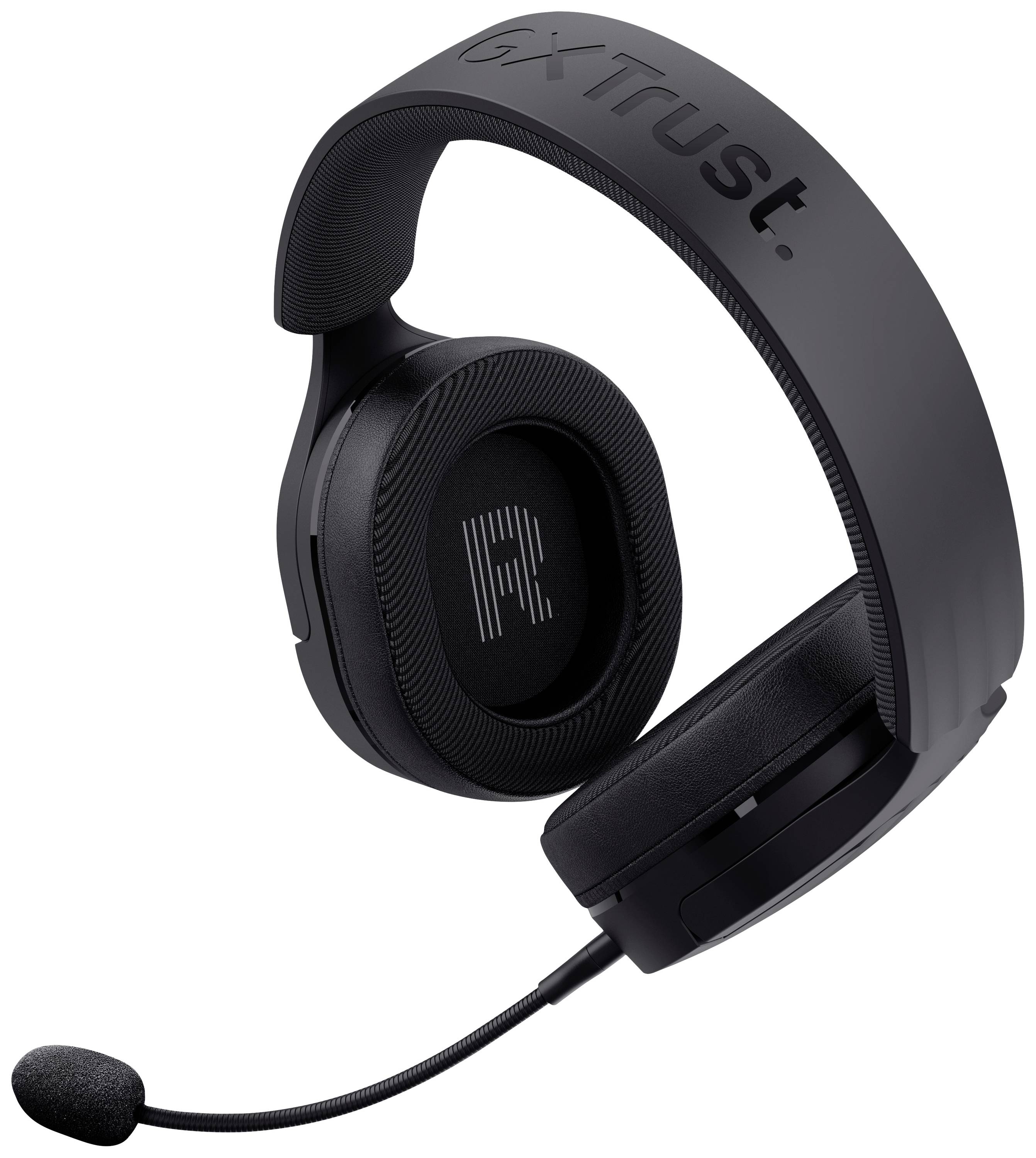 Schwarzes Gaming-Headset mit Mikrofon, markiert mit R auf der rechten Ohrmuschel und der Marke oben.