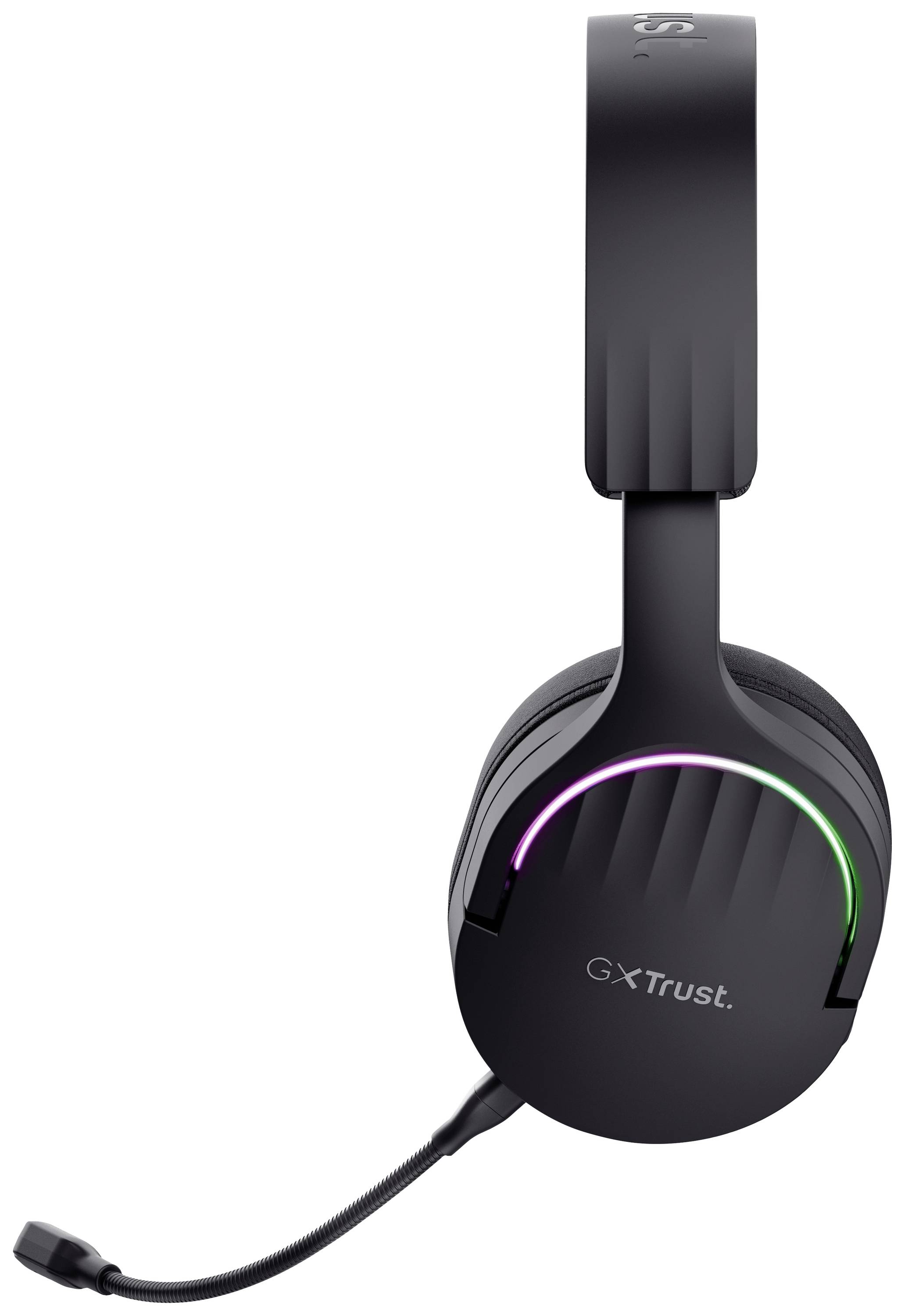 Schwarzes Gaming-Headset mit Mikrofon, beleuchtet mit Regenbogenfarben. Markenlogo 'GXT' auf der Seite des Kopfhörers.