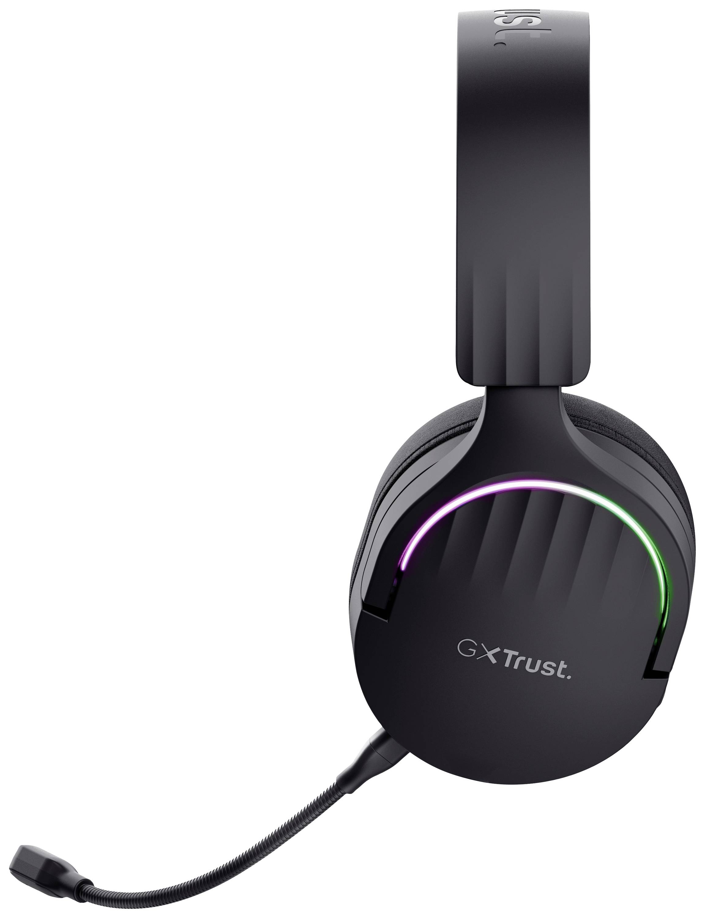 Ein schwarzes Gaming-Headset mit Mikrofon und leuchtenden LED-Lichtern auf den Ohrmuscheln mit der Aufschrift 'GXT Trust'.