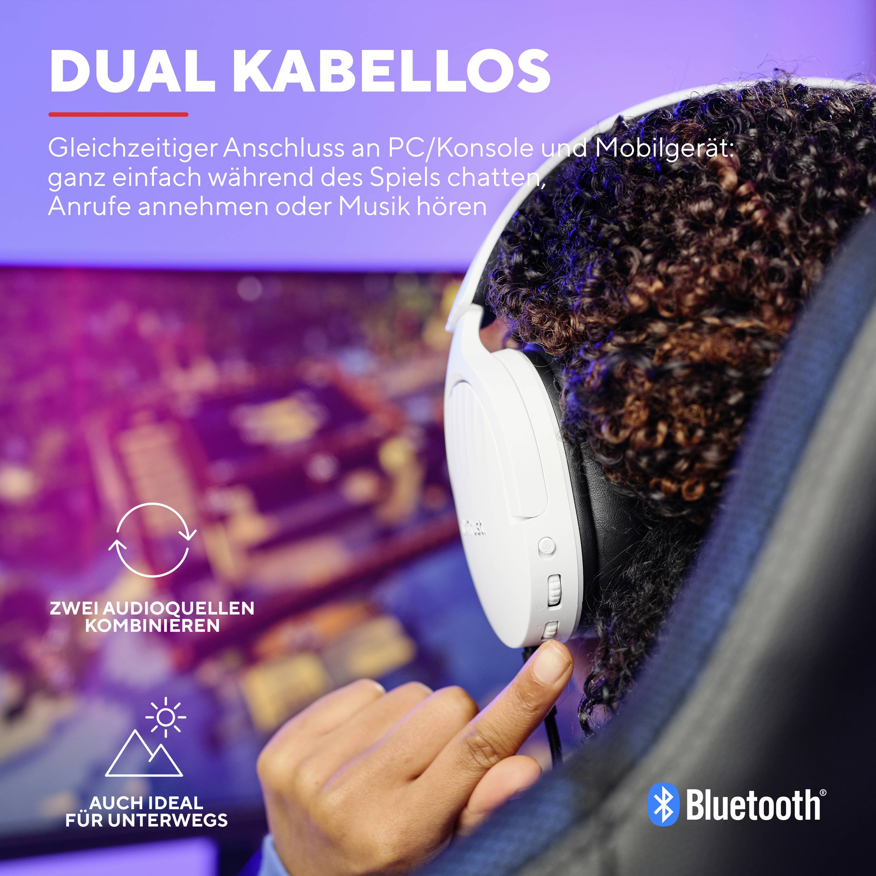 Trust GXT491 FAYZO Over Ear Headset Bluetooth® Virtual Surround Weiß Surround-Sound, Mikrofon-Stumm
