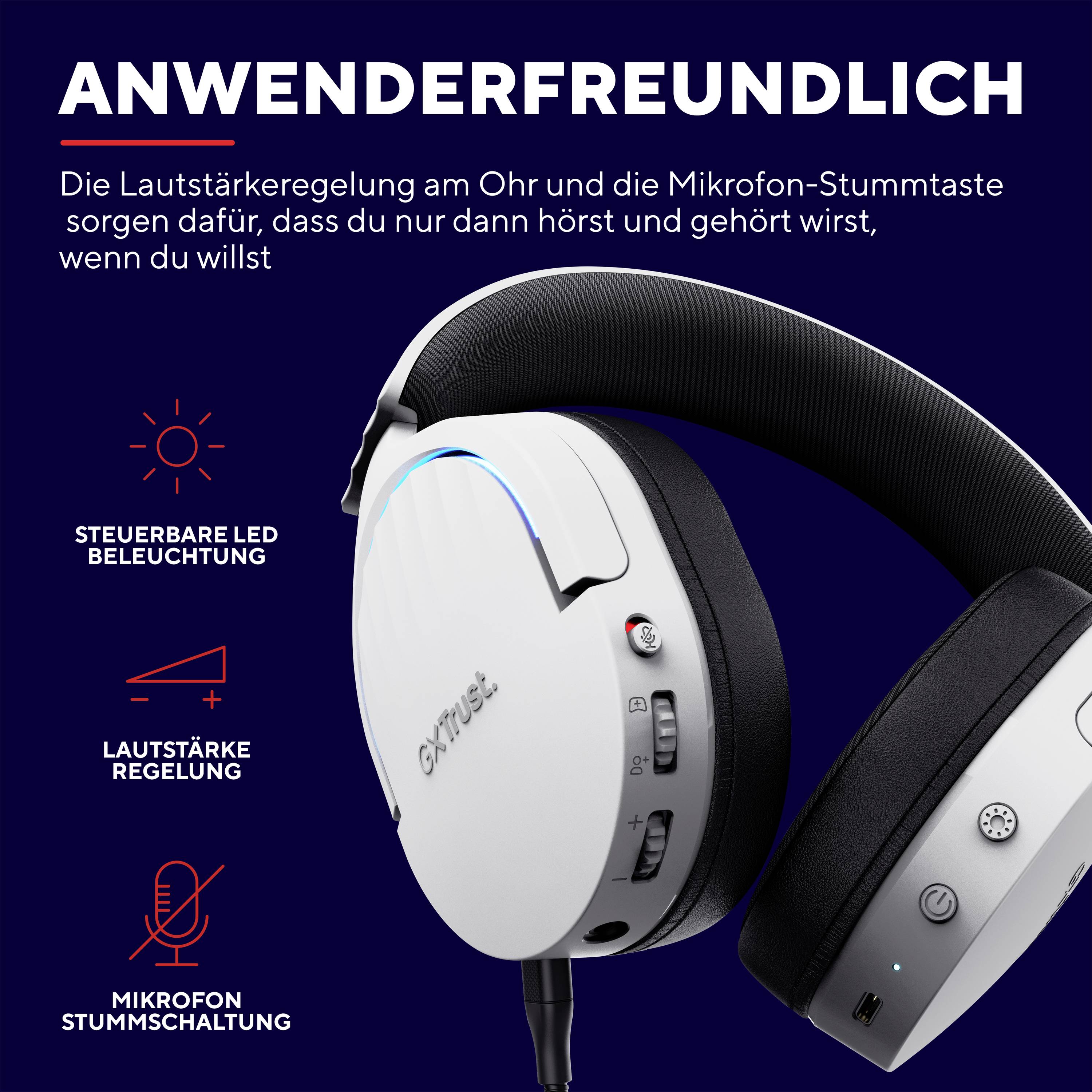 Trust GXT491 FAYZO Over Ear Headset Bluetooth® Virtual Surround Weiß Surround-Sound, Mikrofon-Stumm