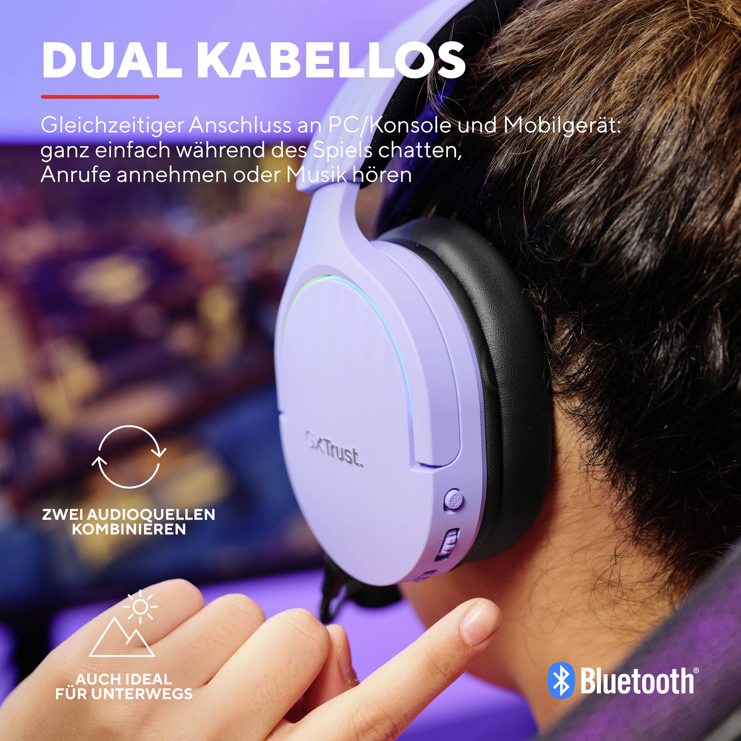 Headset auf einem Kopf getragen, Drahtlos-Verbindung zum Spielgerät; ermöglicht einfache Annahme von Anrufen und Musikhören.