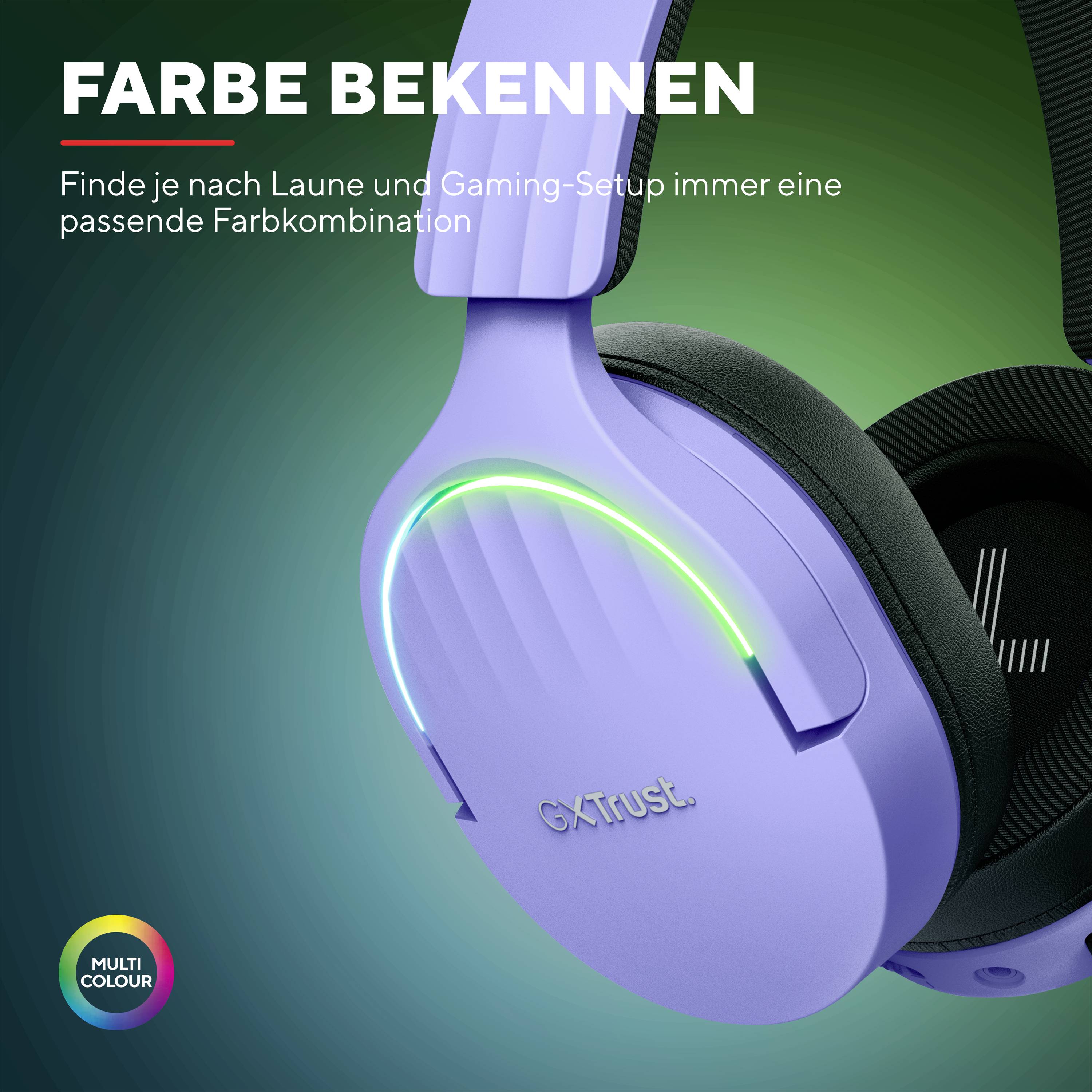 Ein violetter Gaming-Kopfhörer mit farbigen Leuchtstreifen. Der Text 'Farbe bekennen' weist auf individuelle Farbanpassungen hin.