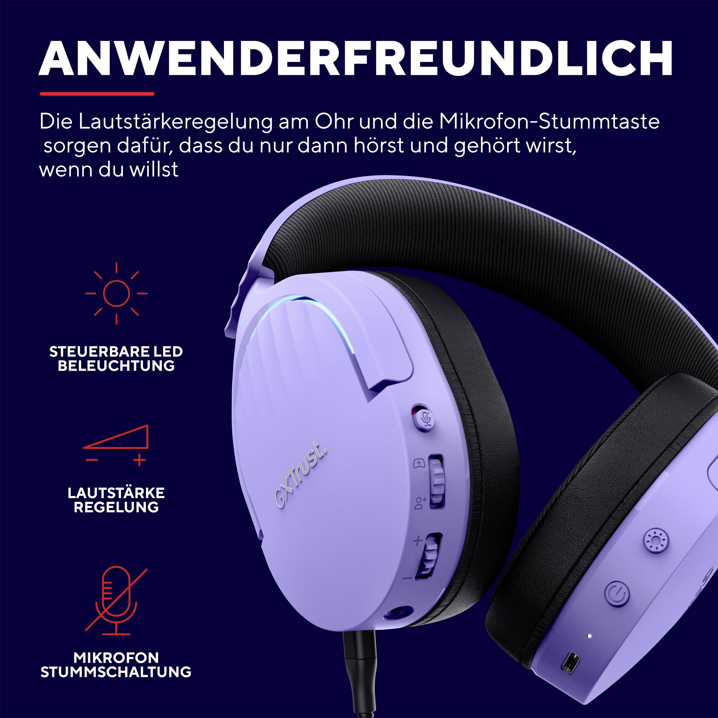 Lila Kopfhörer mit steuerbarer Beleuchtung, Lautstärkeregelung und Mikrofon-Stummschaltung. Text: 'ANWENDERFREUNDLICH'.