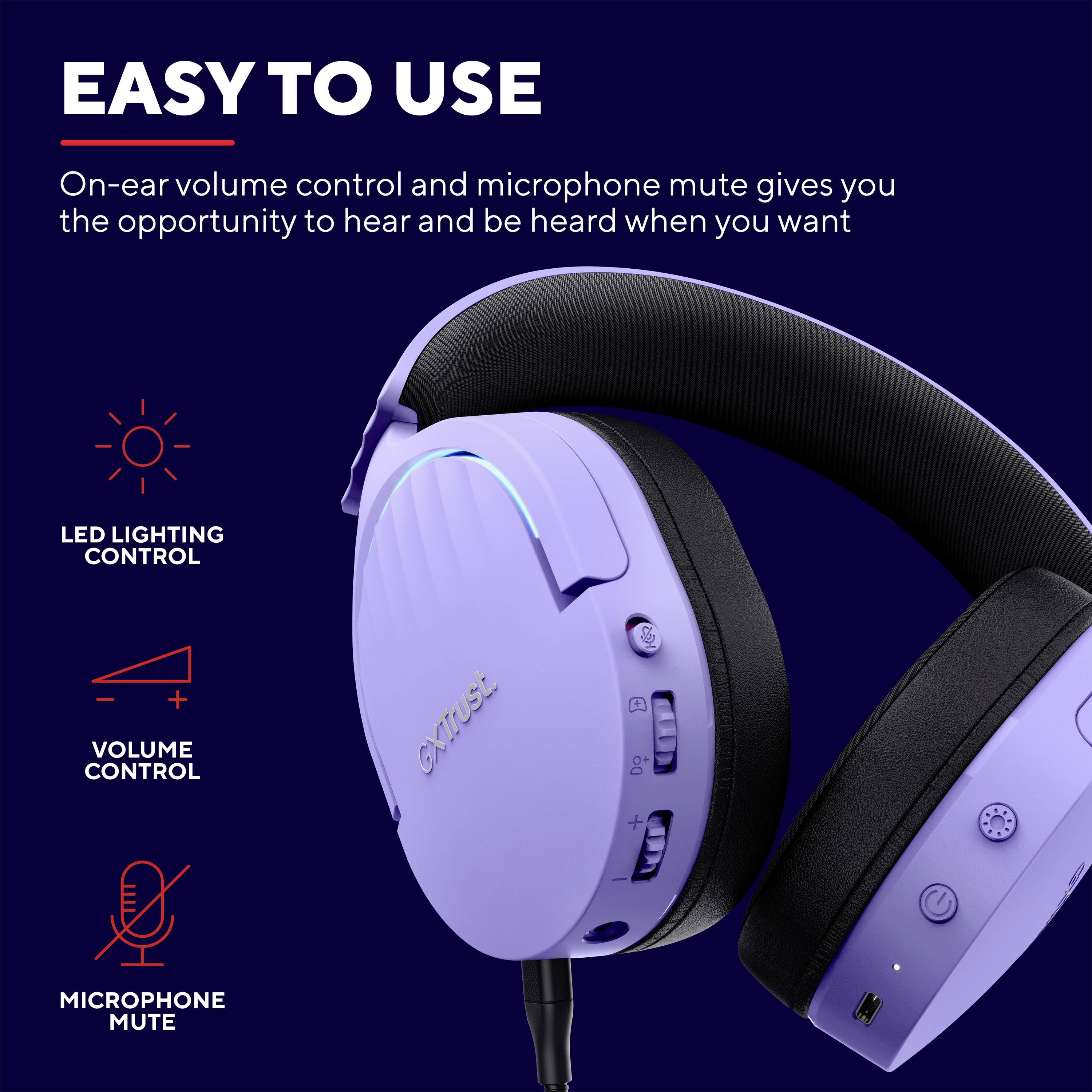 Trust GXT491P FAYZO Over Ear Headset Bluetooth® Virtual Surround Lila Surround-Sound, Mikrofon-Stummschaltung, Lautstärkeregelung