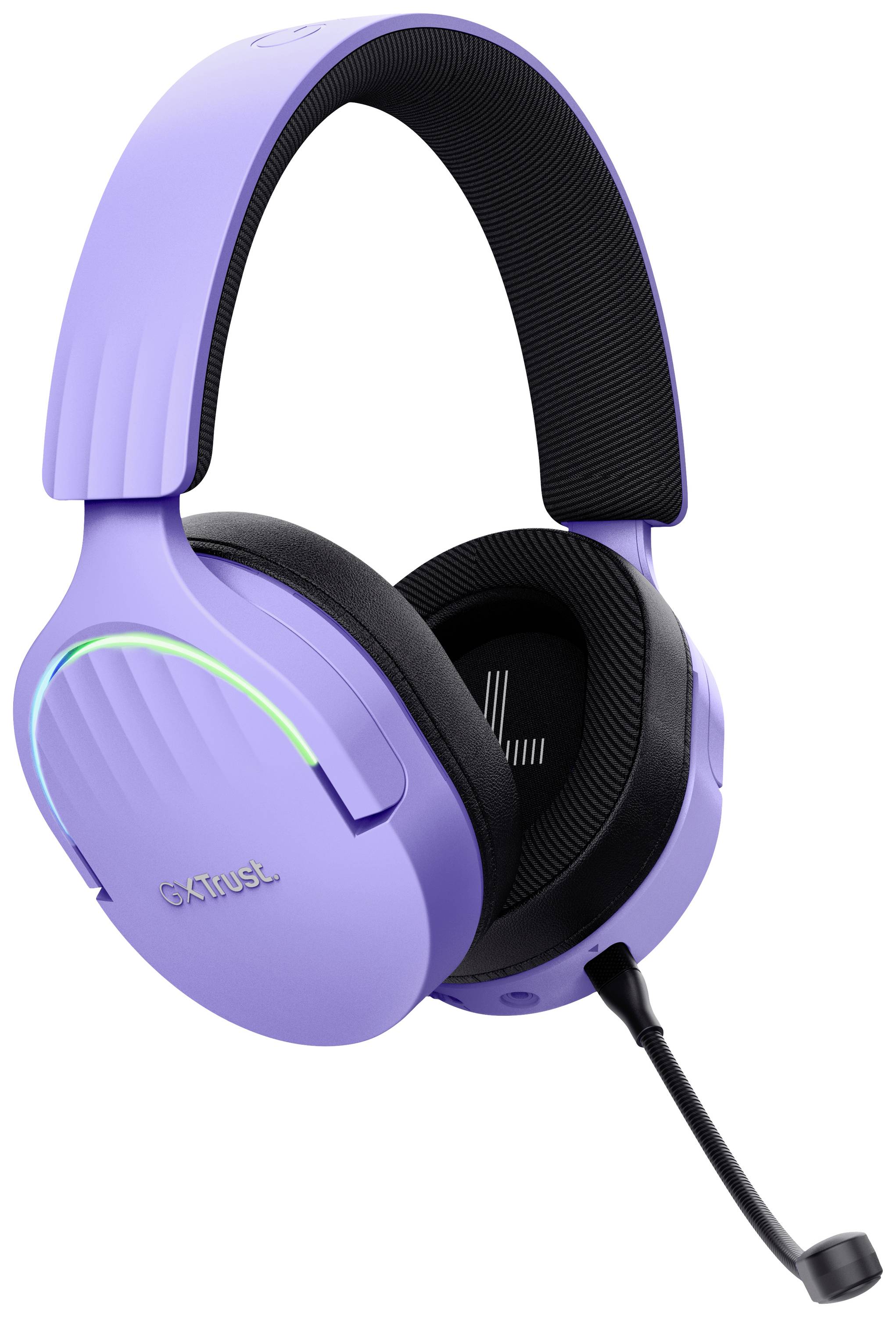 Lila kabelloses Over-Ear-Gaming-Headset mit schwarzem Mikrofon und Ohrpolstern sowie einem leuchtenden grünen LED-Streifen an den Seiten.