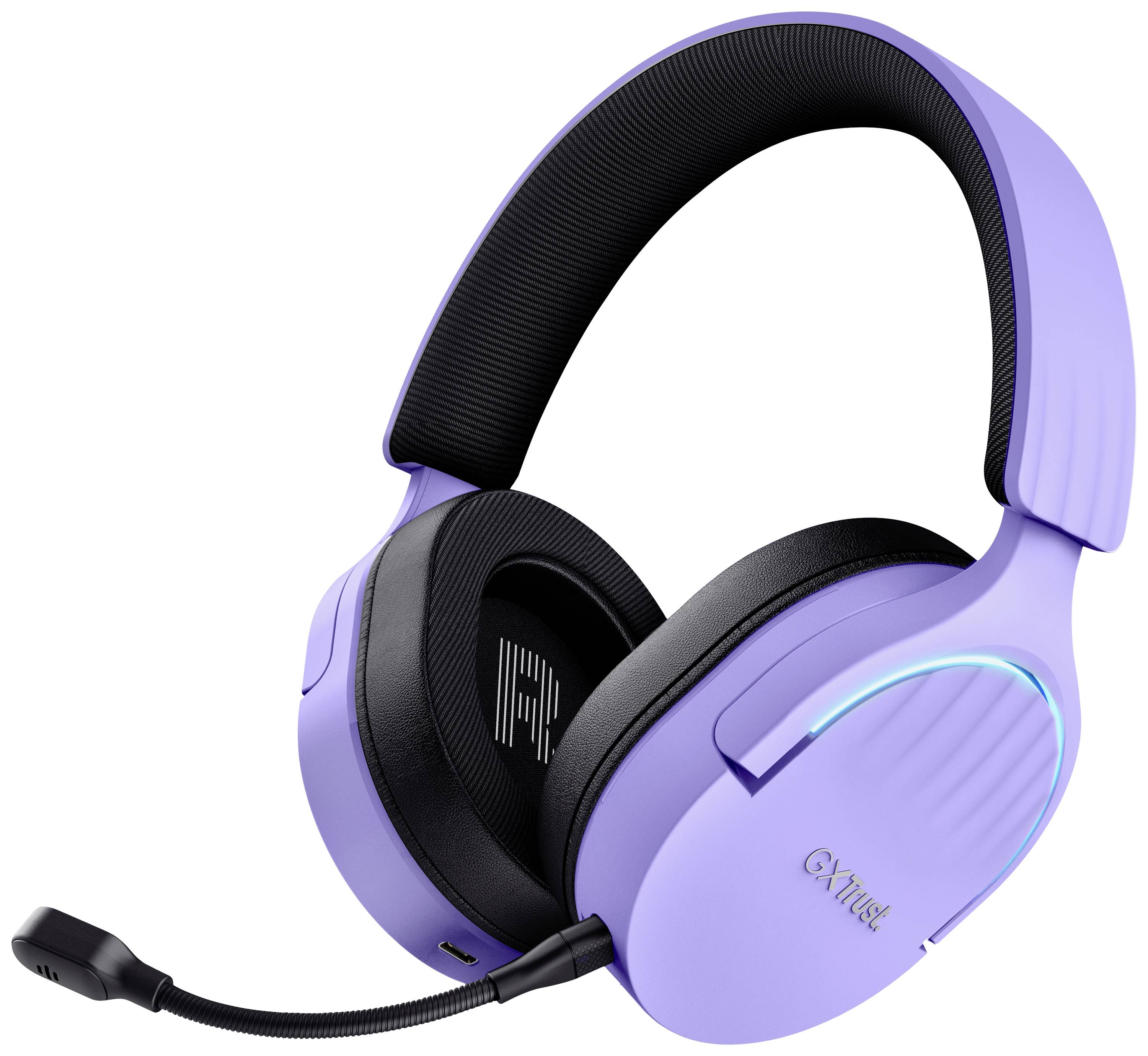 Lila Gaming-Headset mit Mikrofon, weichen Ohrpolstern und verstellbarem Kopfbügel. Beleuchtet mit blauem LED-Streifen.