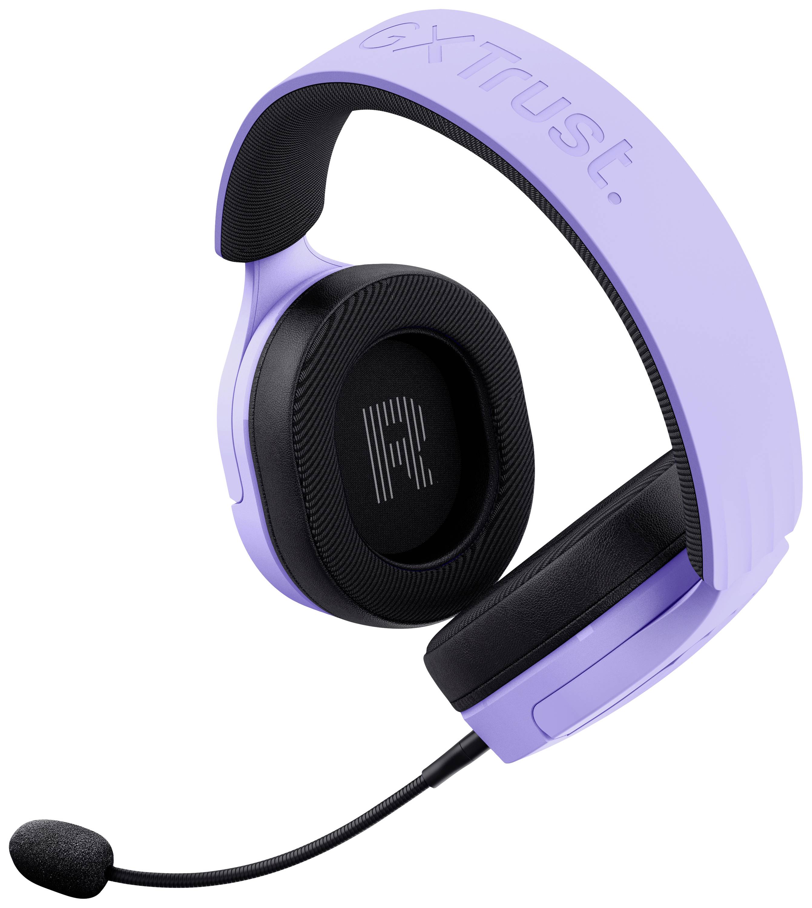 Lila Kopfhörer mit Mikrofon und schwarzem Ohrpolster, seitlich abgebildet. Markenschriftzug oben am Bügel. Ideal fürs Gaming.
