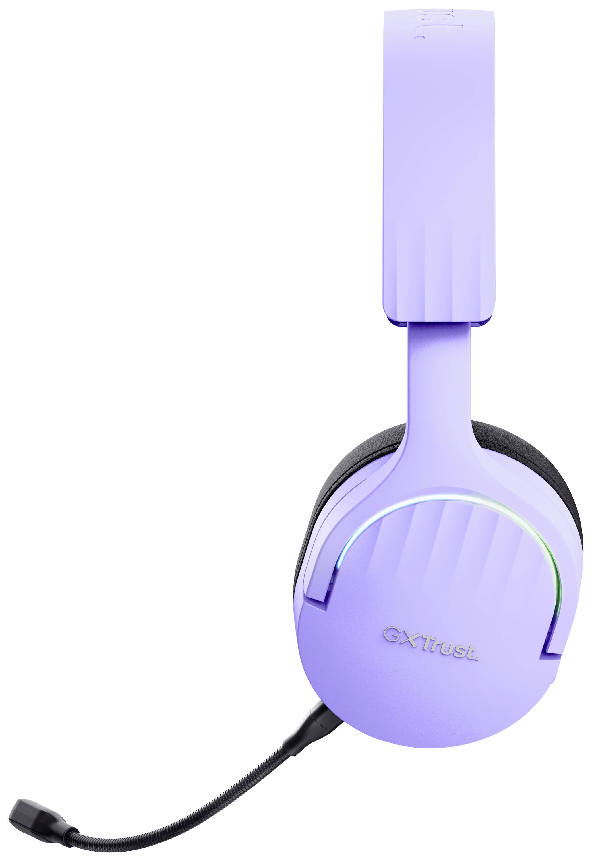 Ein lila Gaming-Headset mit Mikrofon, von GXT durch Trust. Geeignet für Spieler für ein immersives Klangerlebnis.
