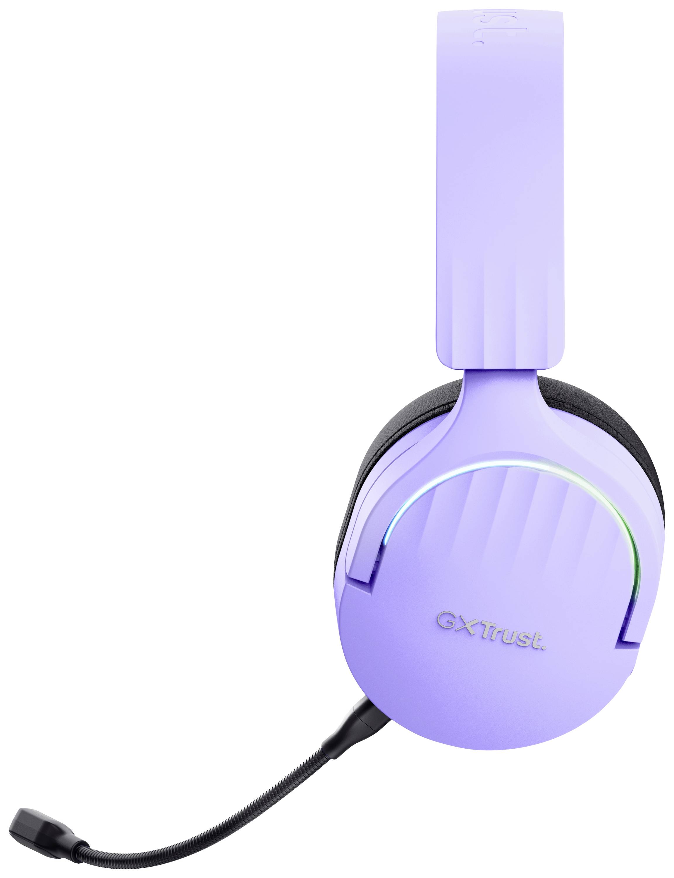 Lila Gaming-Headset mit Mikrofonarm, über-Ohr-Design und Markenlogo auf der Ohrmuschel. Ideal zum Spielen oder für Online-Kommunikation.
