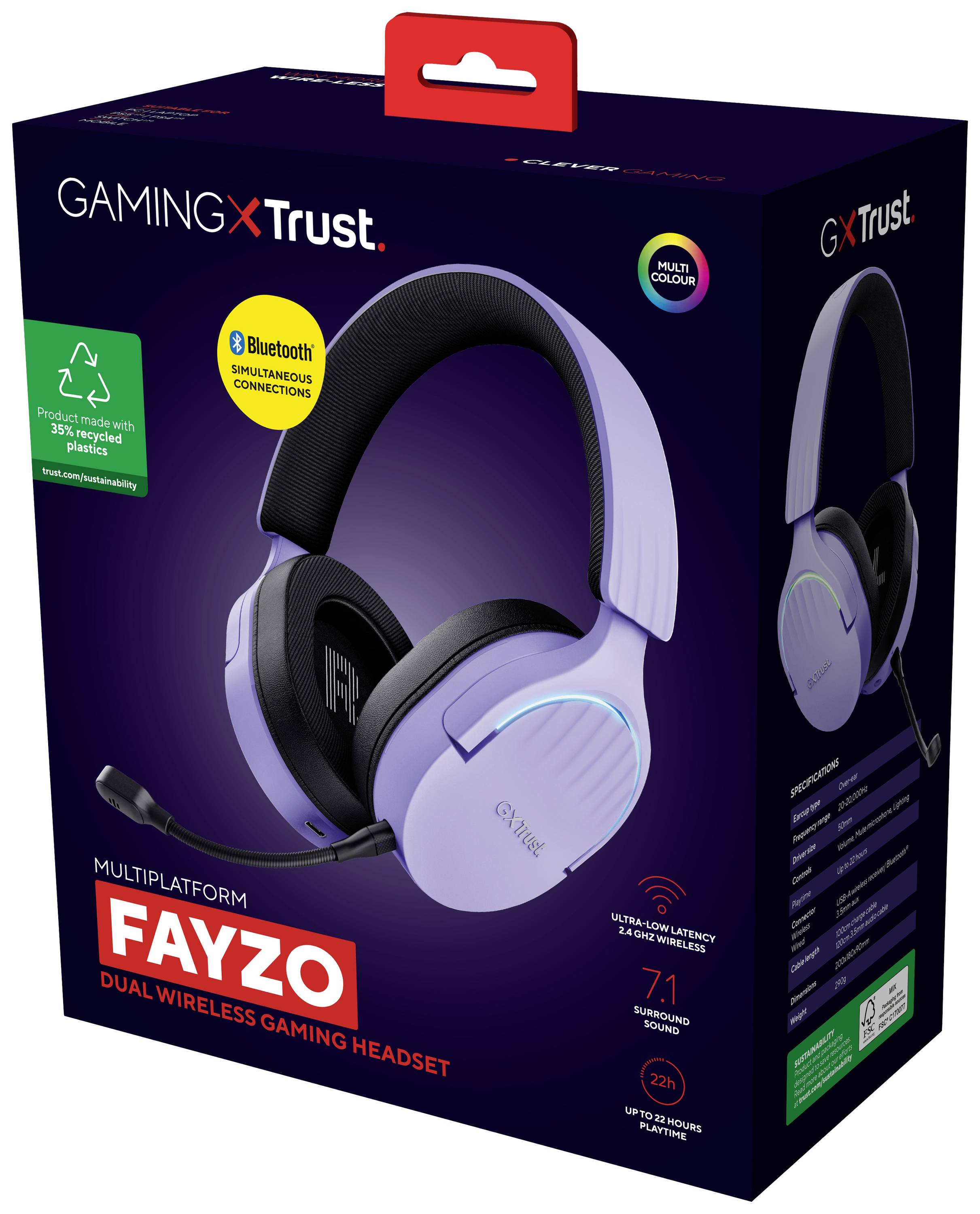 Kabelloses Gaming-Headset 'Fayzo' von Trust. Multiplaform-fähig, mit Bluetooth und 7.1 Surround Sound. Lila-farbene Kopfhörer auf der Verpackung.