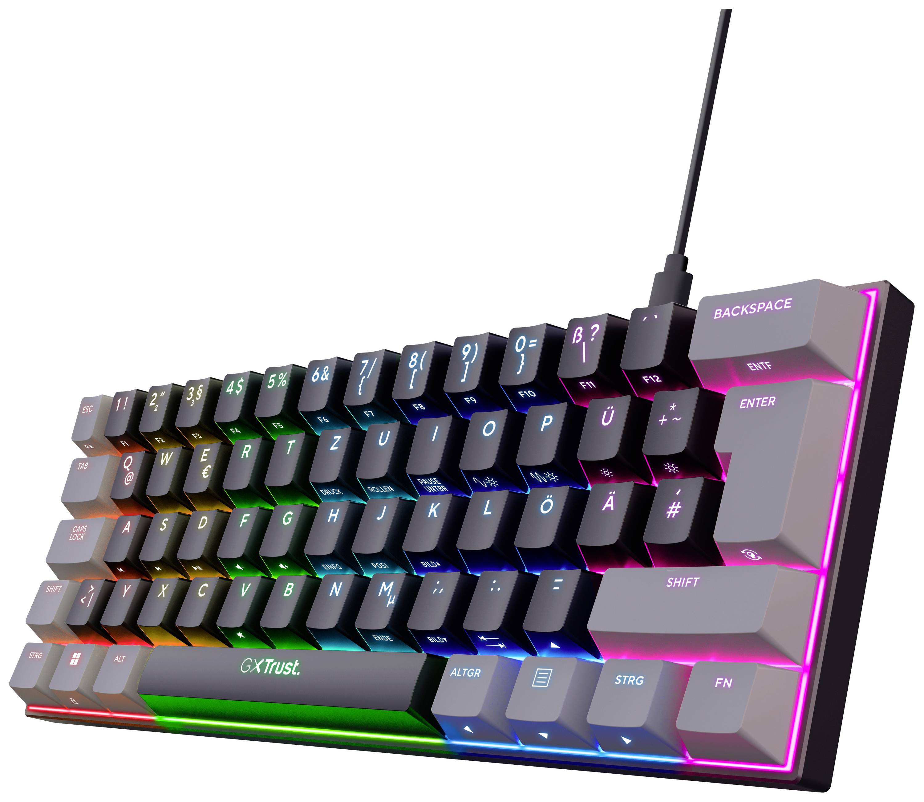 Mechanische Tastatur mit RGB-Hintergrundbeleuchtung, deutsches Layout. USB-Anschluss, schwarze Tasten mit weißer Beschriftung.