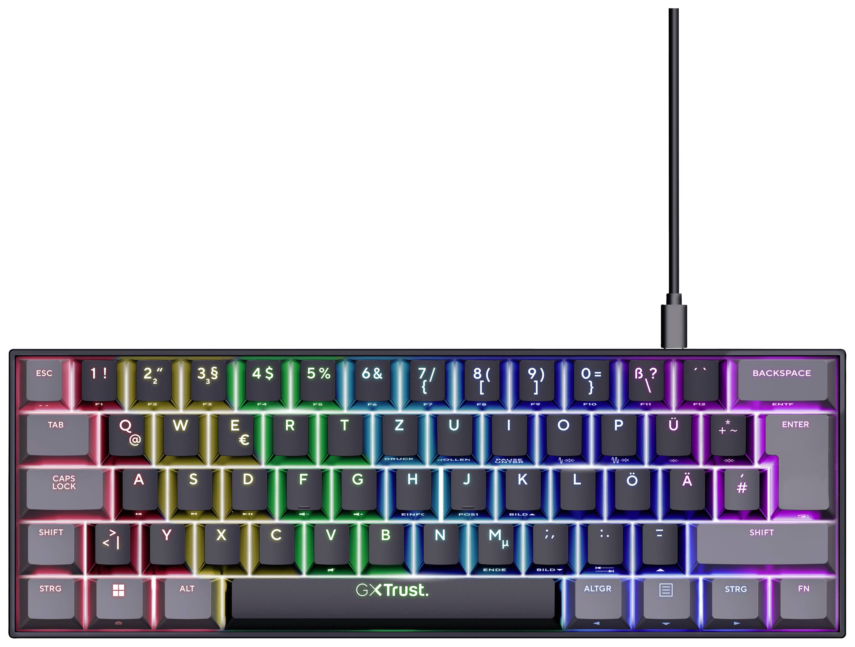 Computertastatur mit RGB-Beleuchtung, Nummernreihe oben, 'GXT' Logo unten. Kabelverbindung oben rechts, keine Nummerntasten.
