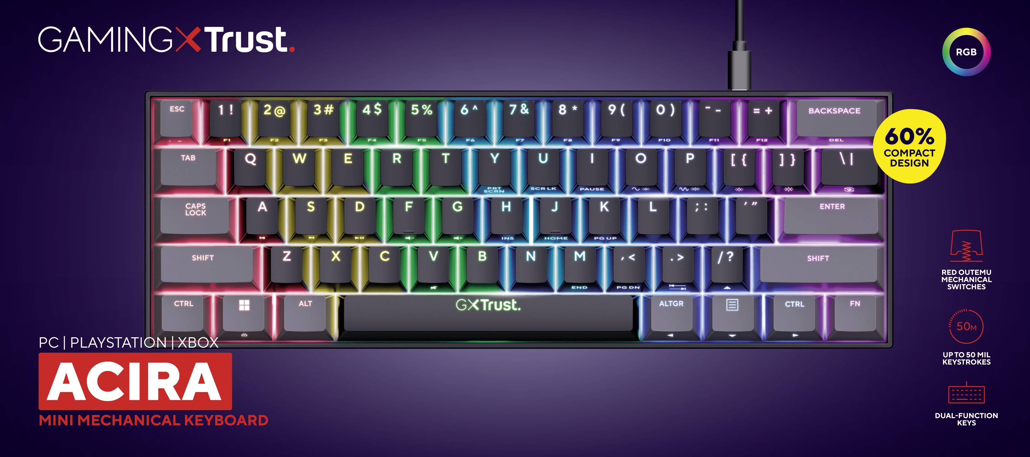 Trust GXT867 ACIRA Mini Kabelgebunden Gaming-Tastatur Deutsch, QWERTZ Schwarz Beleuchtet