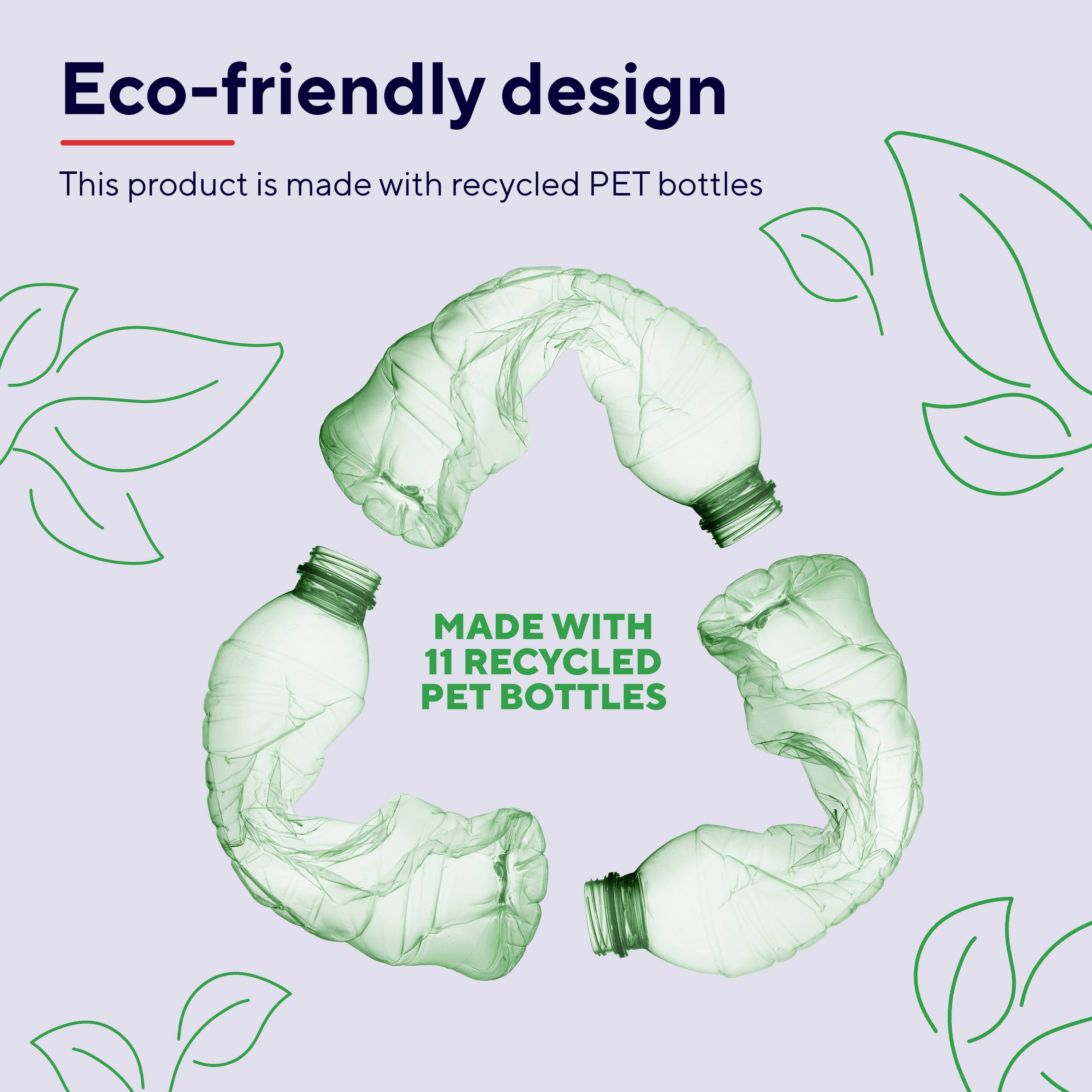 'Eco-friendly design' und 'Hergestellt aus 11 recycelten PET-Flaschen' mit drei grünen Flaschen und Blättern auf hellem Hintergrund.