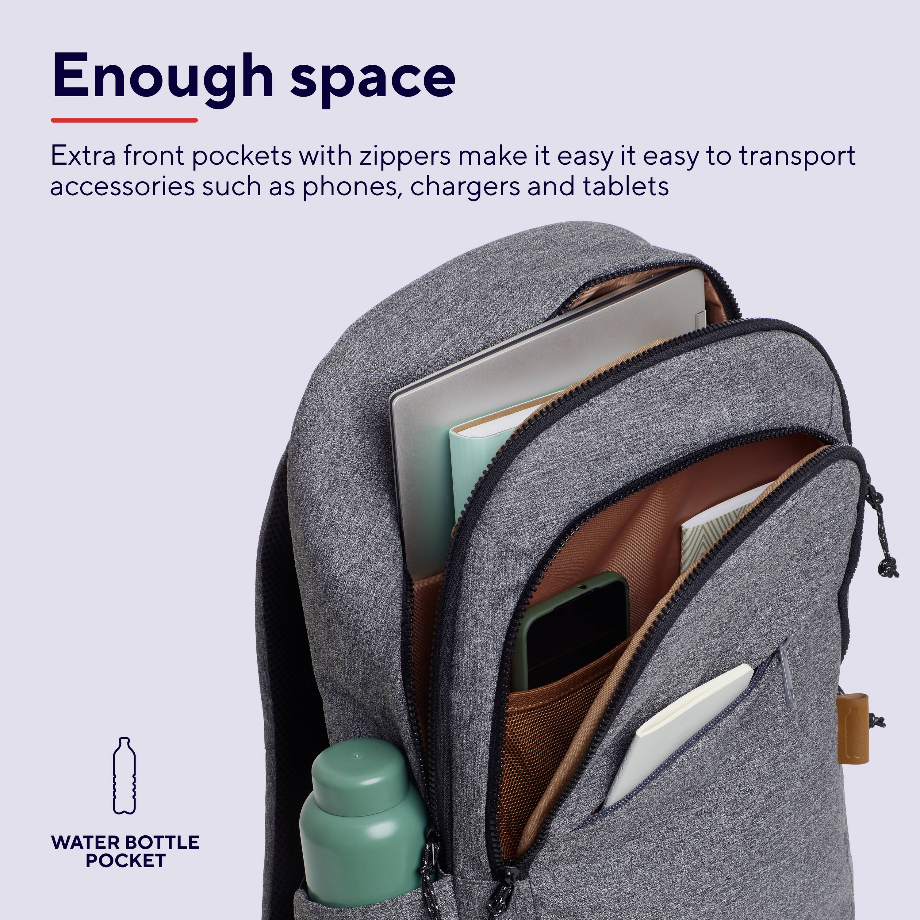 Ein grauer Rucksack mit offener Fronttasche zeigt Fächer für Handy, Notizbuch, Stifte und Wasserflasche, ideal für Organisation.