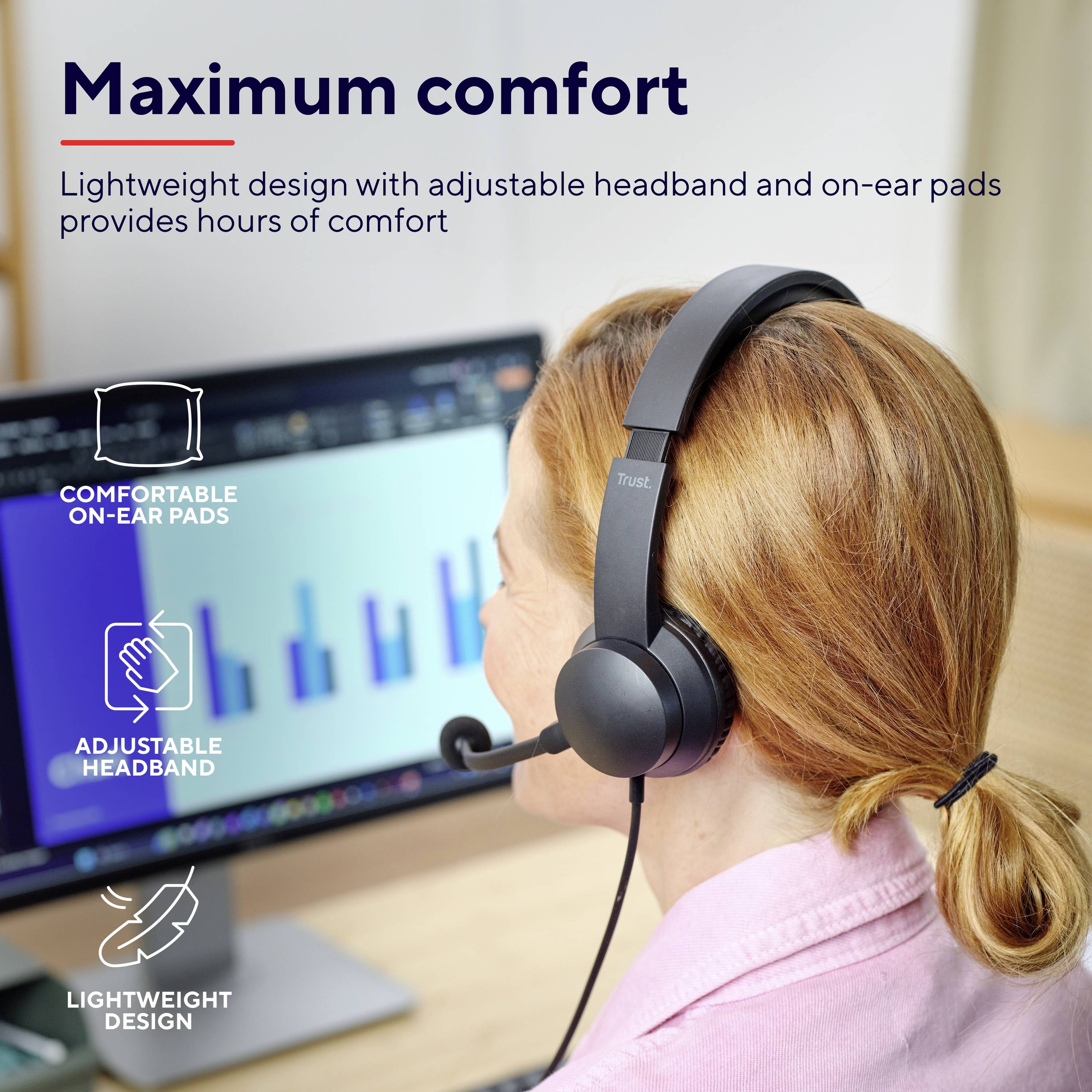 Person mit Kopfhörern sitzt vor einem Computerbildschirm, der ein Balkendiagramm zeigt. Text 'Maximum comfort: Lightweight design'.