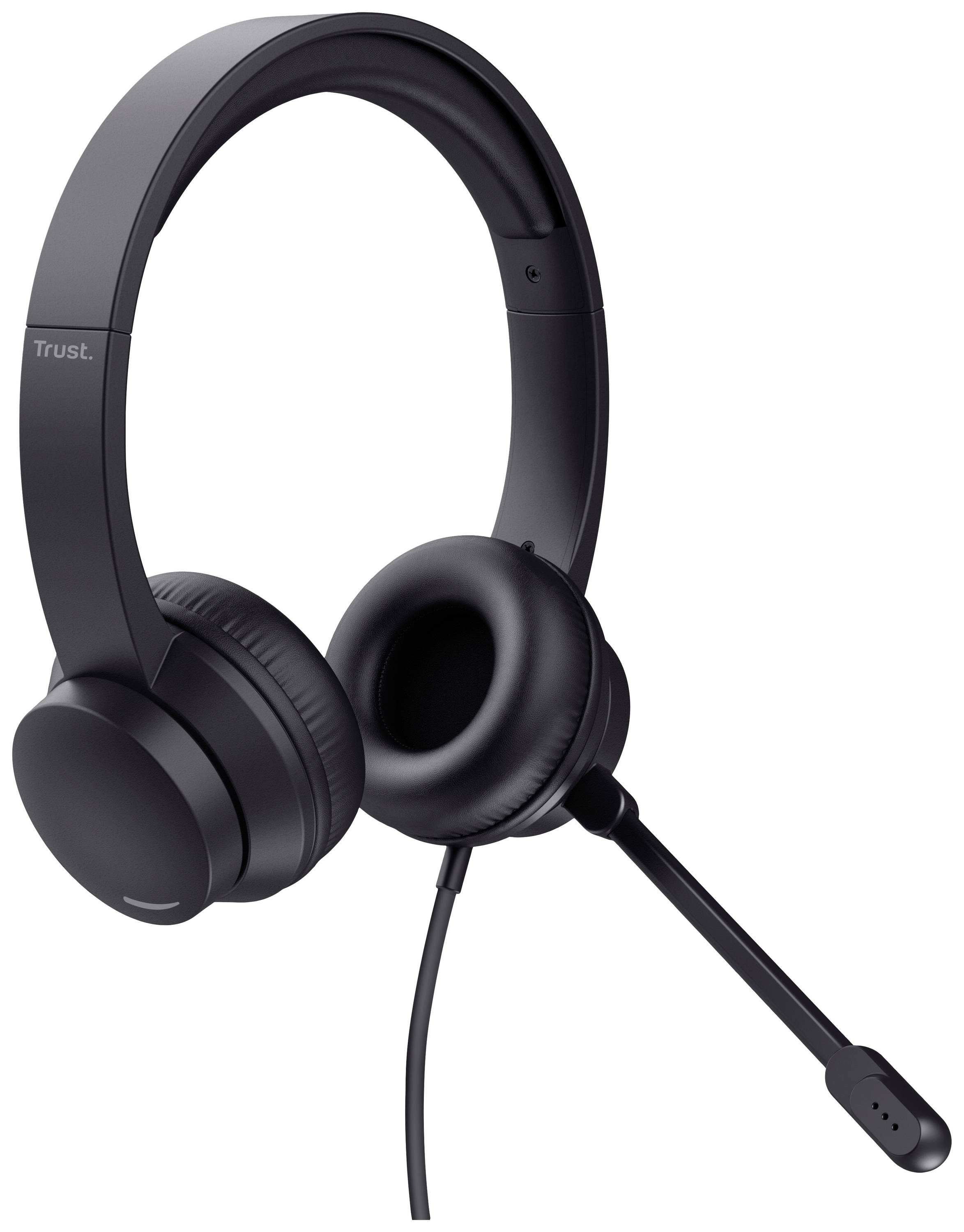 Schwarzes Headset mit Mikrofonarm, geeignet für Computer oder Telefonanrufe. Bequeme Ohrpolster und verstellbare Kopfbügel.