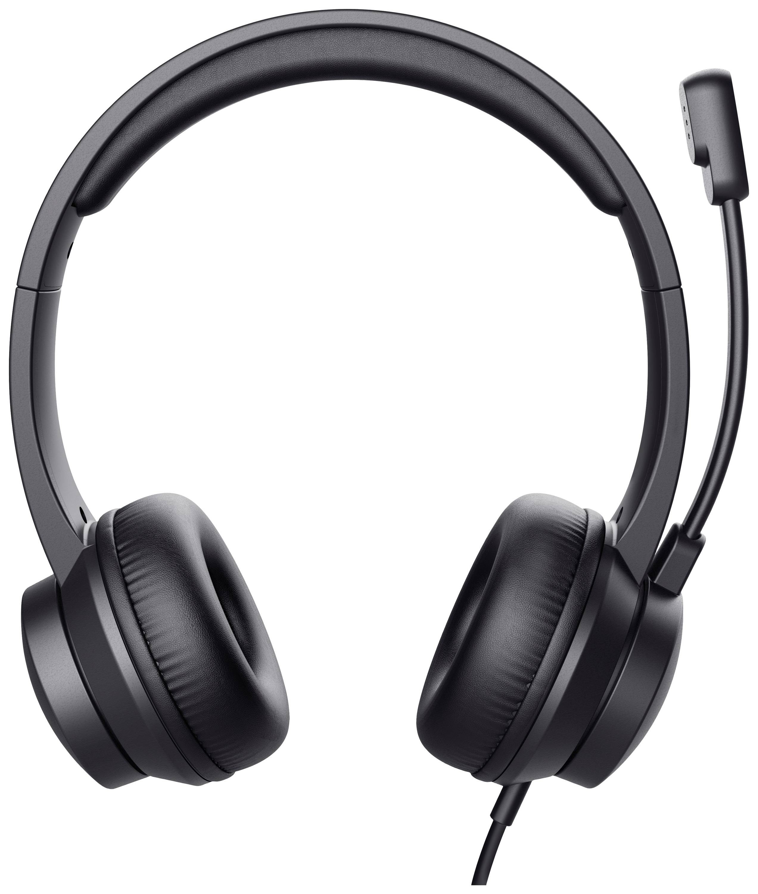 Schwarze Over-Ear-Kopfhörer mit flexiblem Mikrofonarm, geeignet für PC- und Telefon-Nutzung.